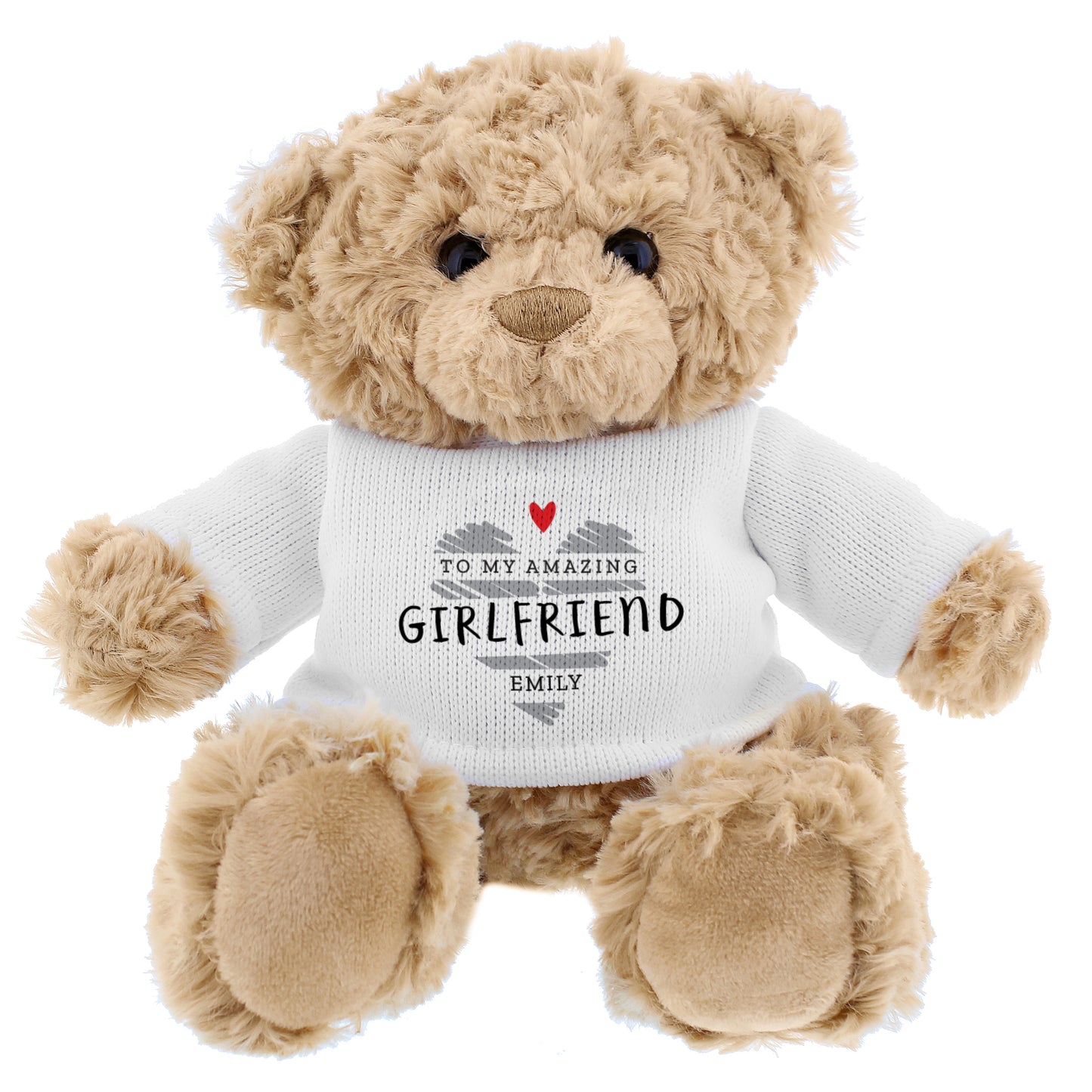 Teddy bear wearing a sweater with text and a heart on a white background