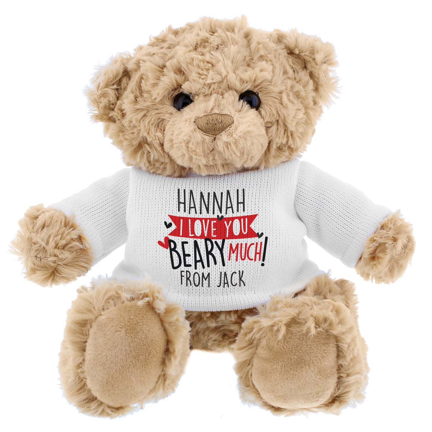 Teddy bear wearing a sweater with personalised text on a white background