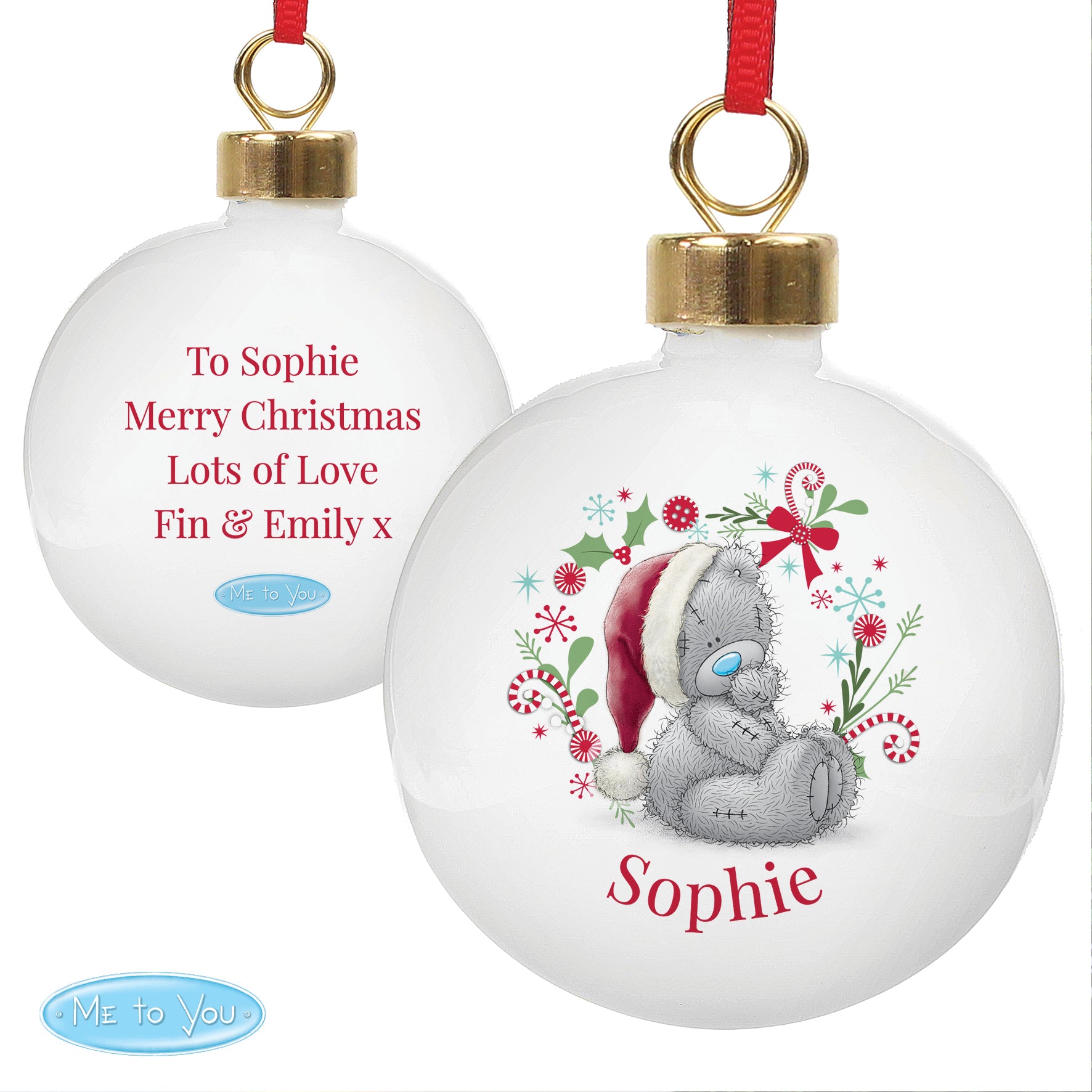 Christmas ornaments with a teddy bear design and personalised text on a white background.