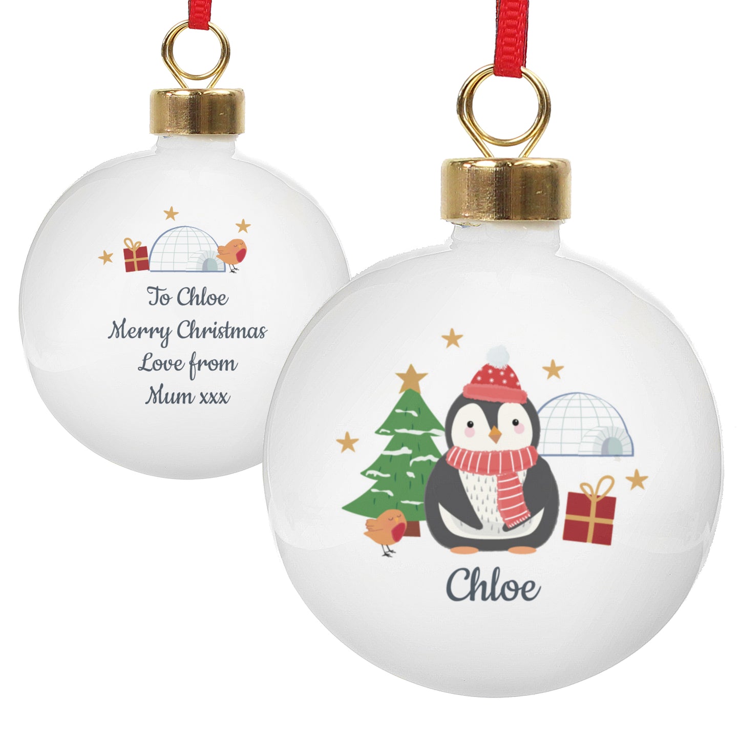 Two Christmas ornaments with penguin design and personalised text on a white background