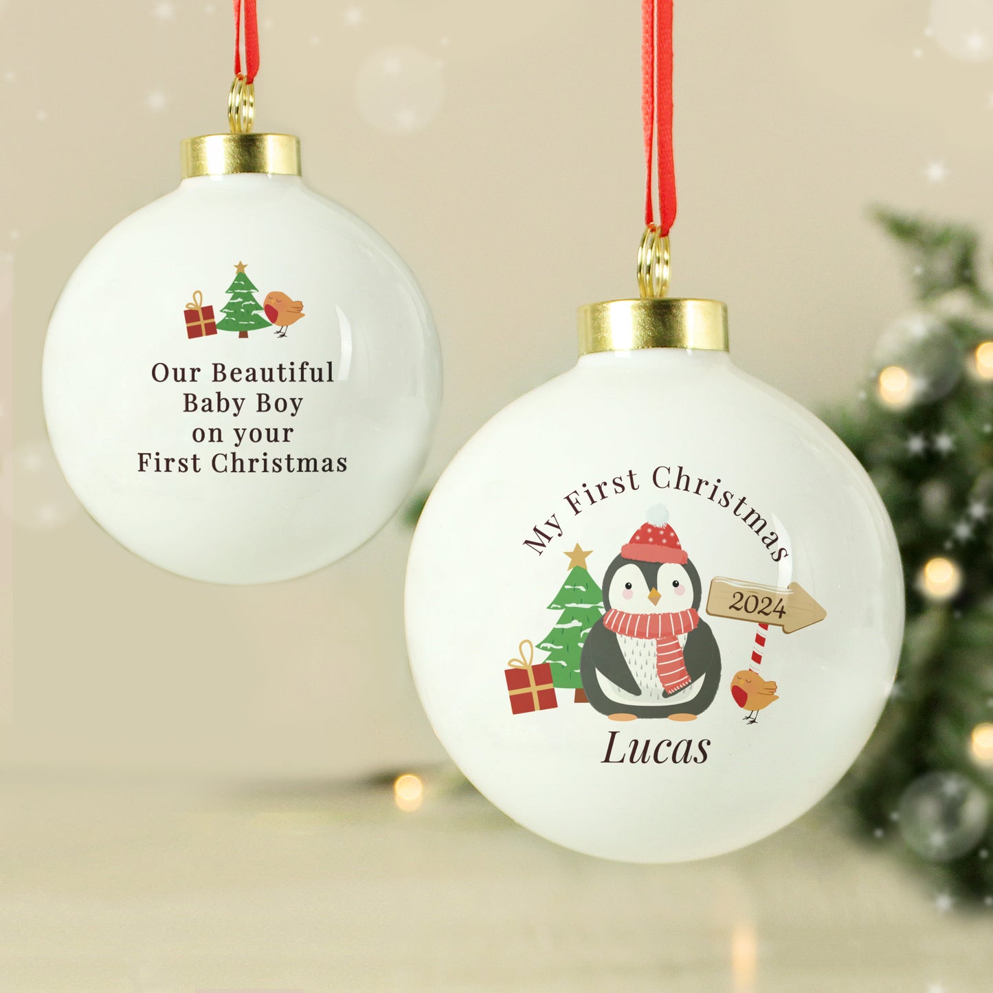 Two Personalised Christmas ornaments with festive designs and text on a neutral background.