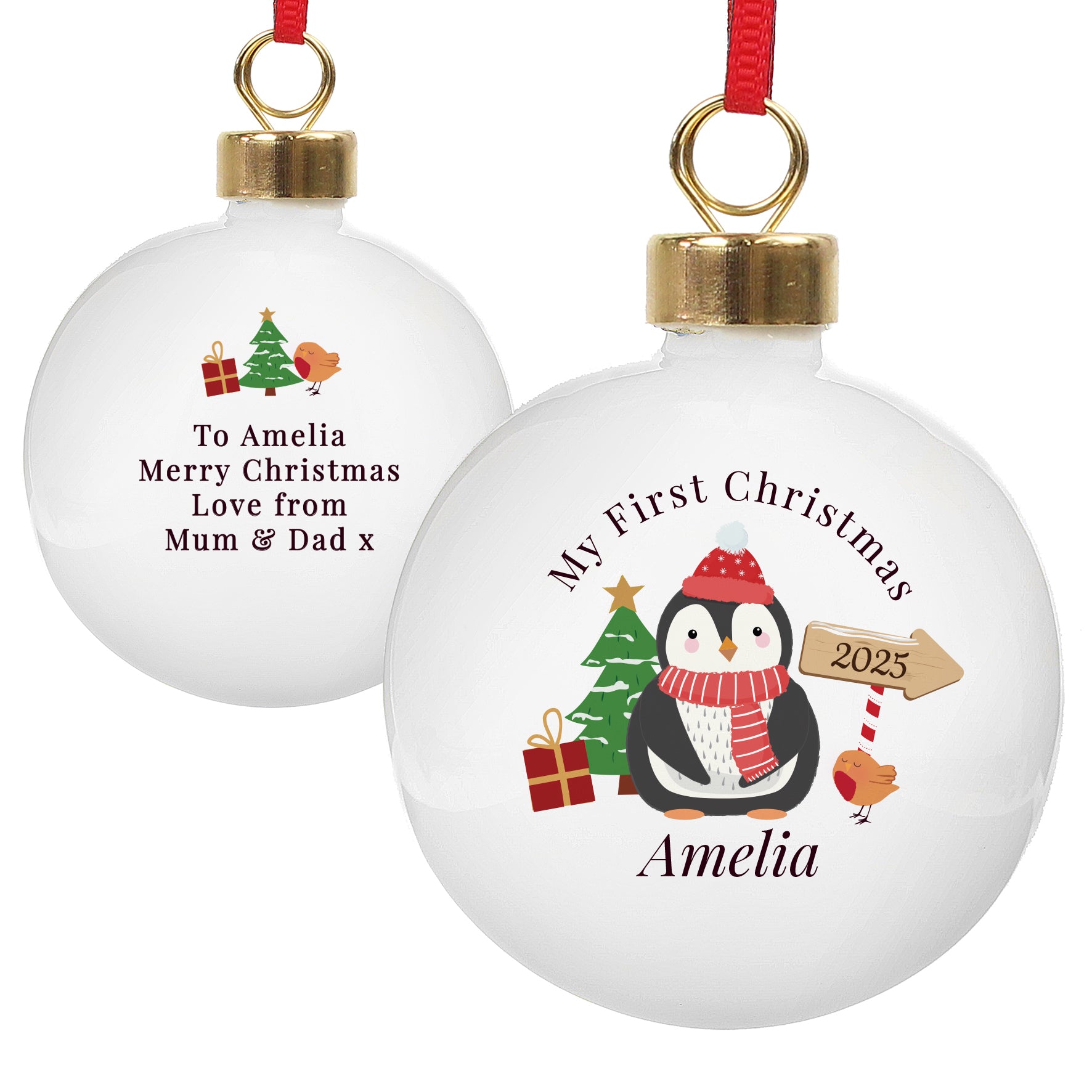 Two Christmas ornaments with penguin designs and personalized text on a white background