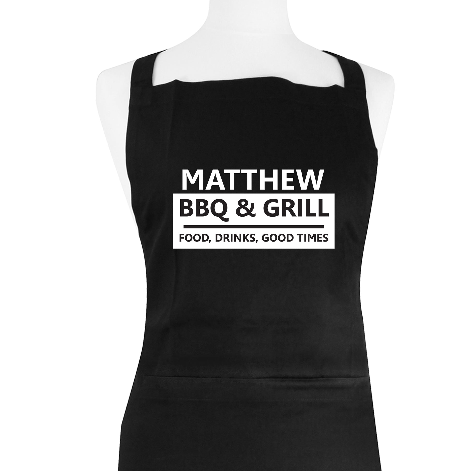Black apron with 'MATTHEW BBQ & GRILL' text on a mannequin against a white background