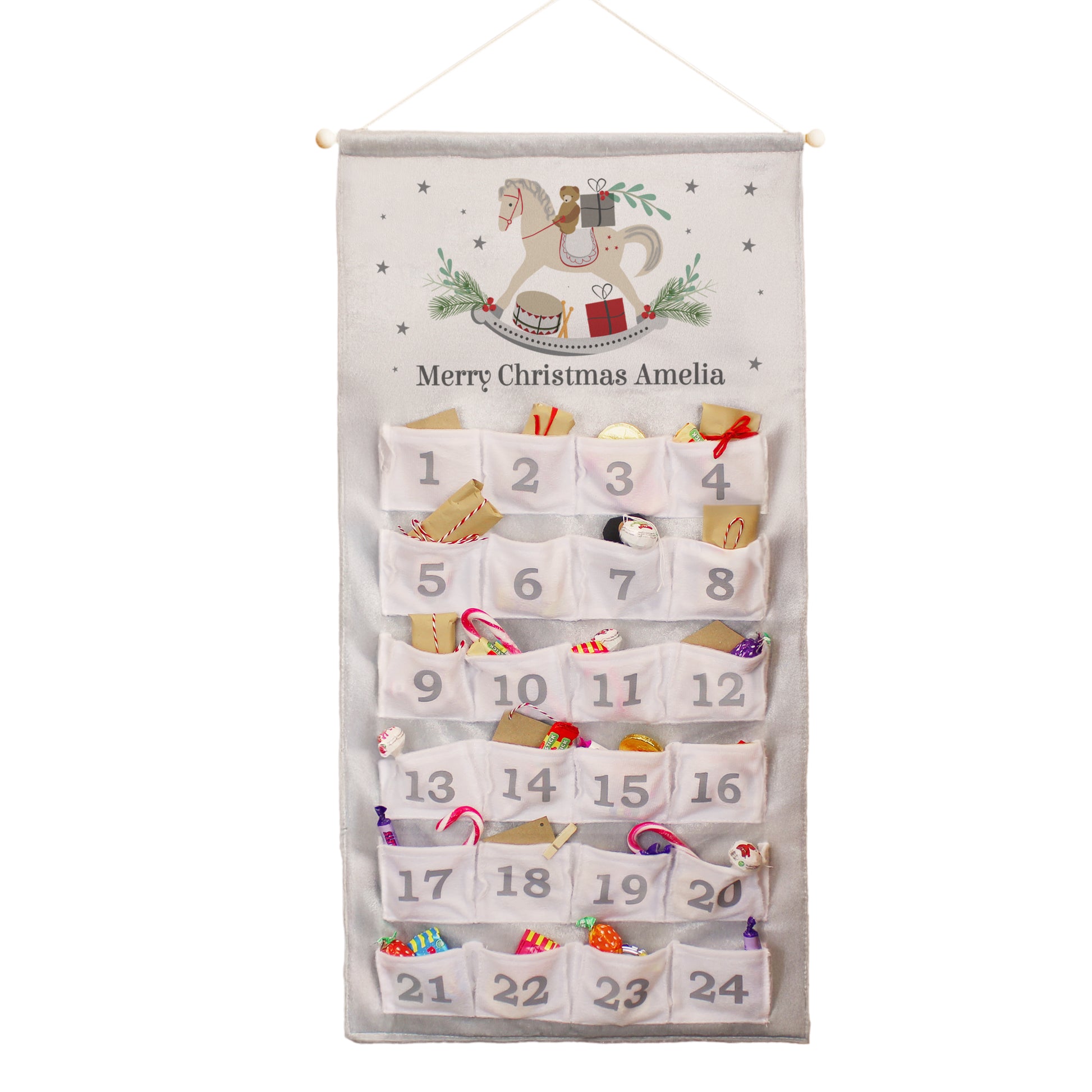 Personalised Christmas advent calendar with festive design and numbered pockets.