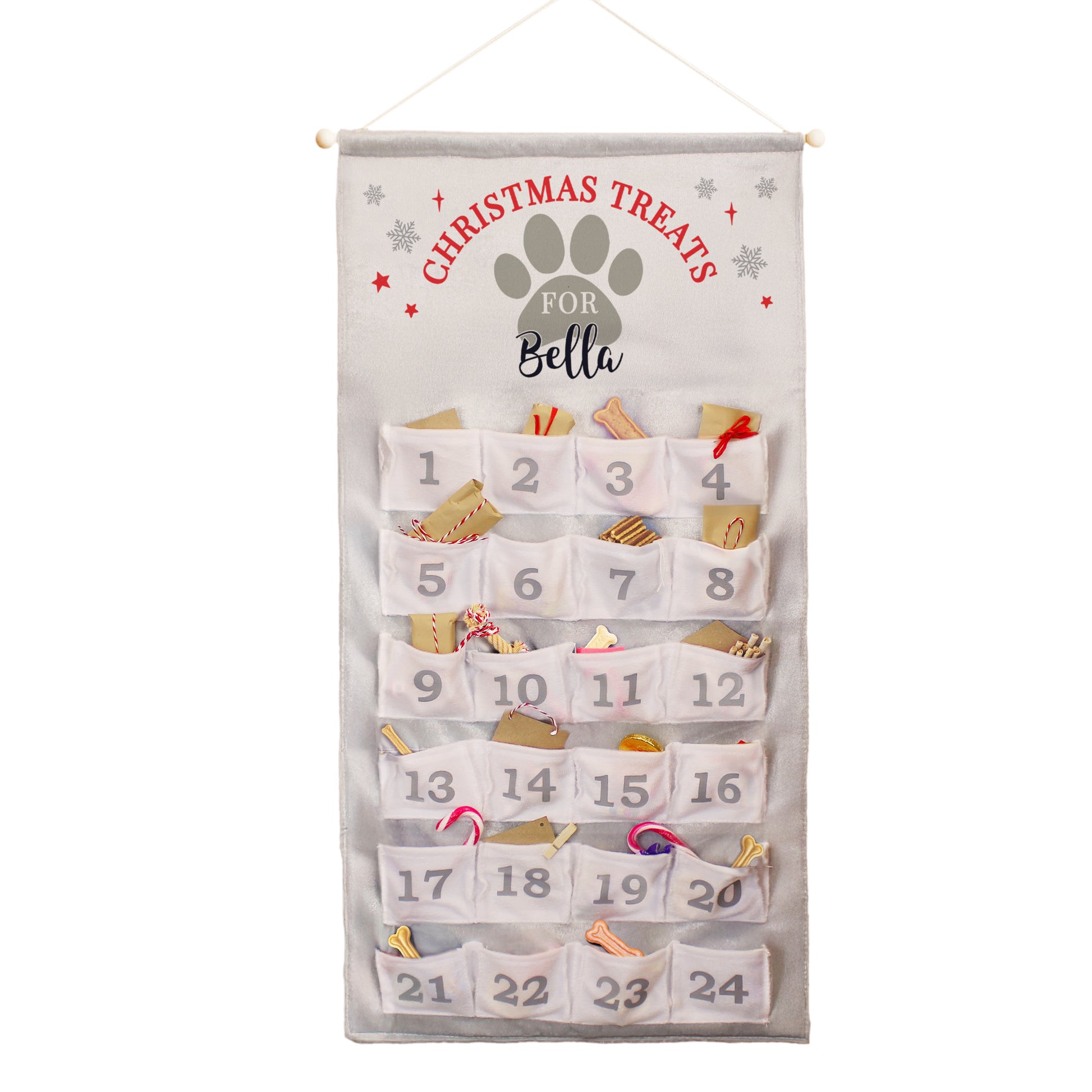 Personalised Dog-themed advent calendar with numbered pockets on a white background