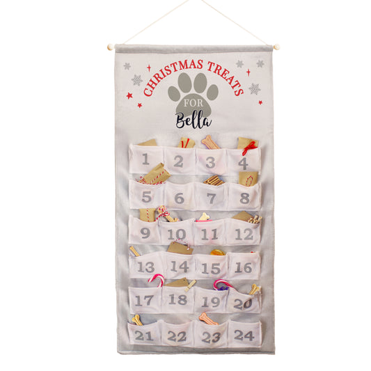 Personalised Dog-themed advent calendar with numbered pockets on a white background