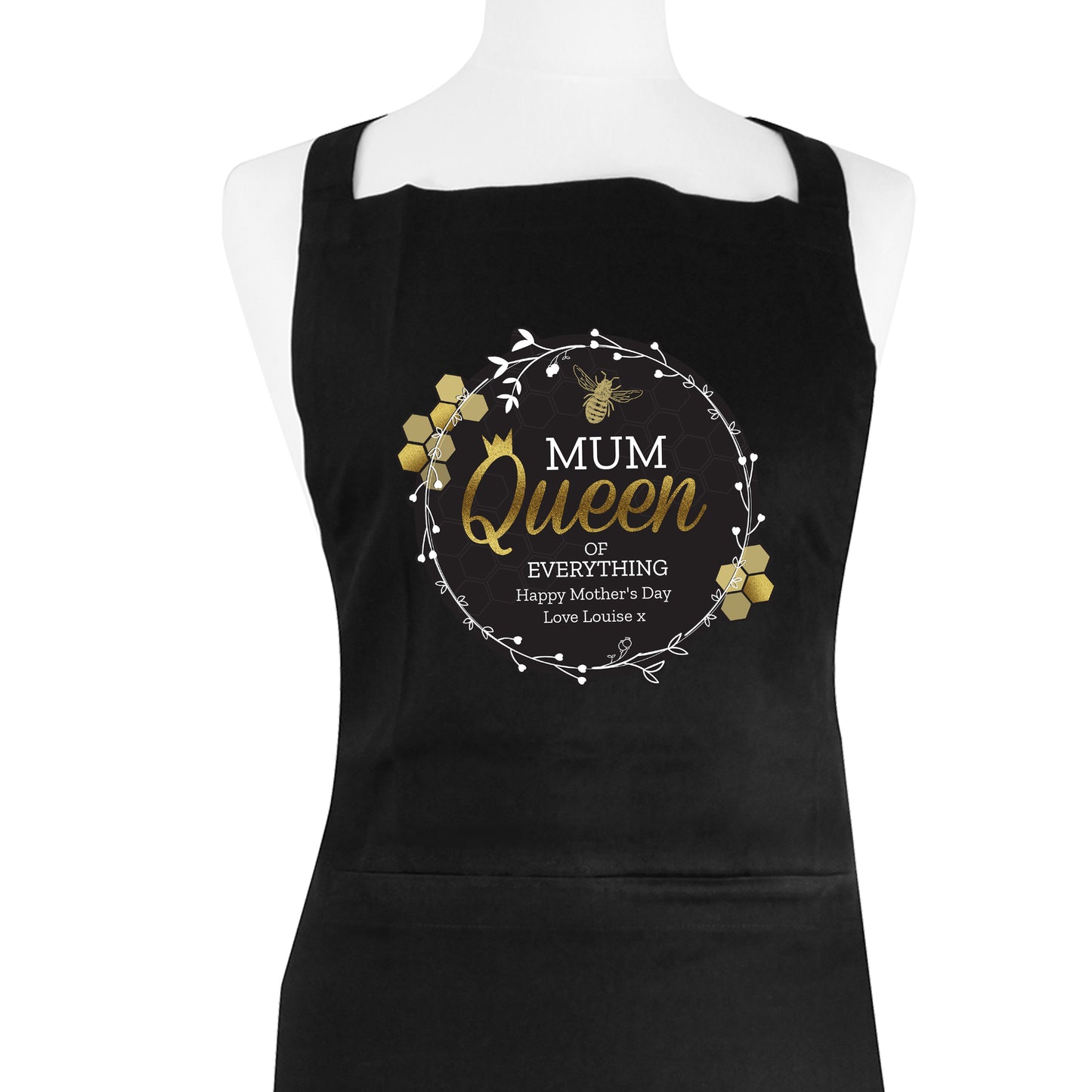 Black apron with 'Mum Queen of Everything' design on a mannequin against a white background