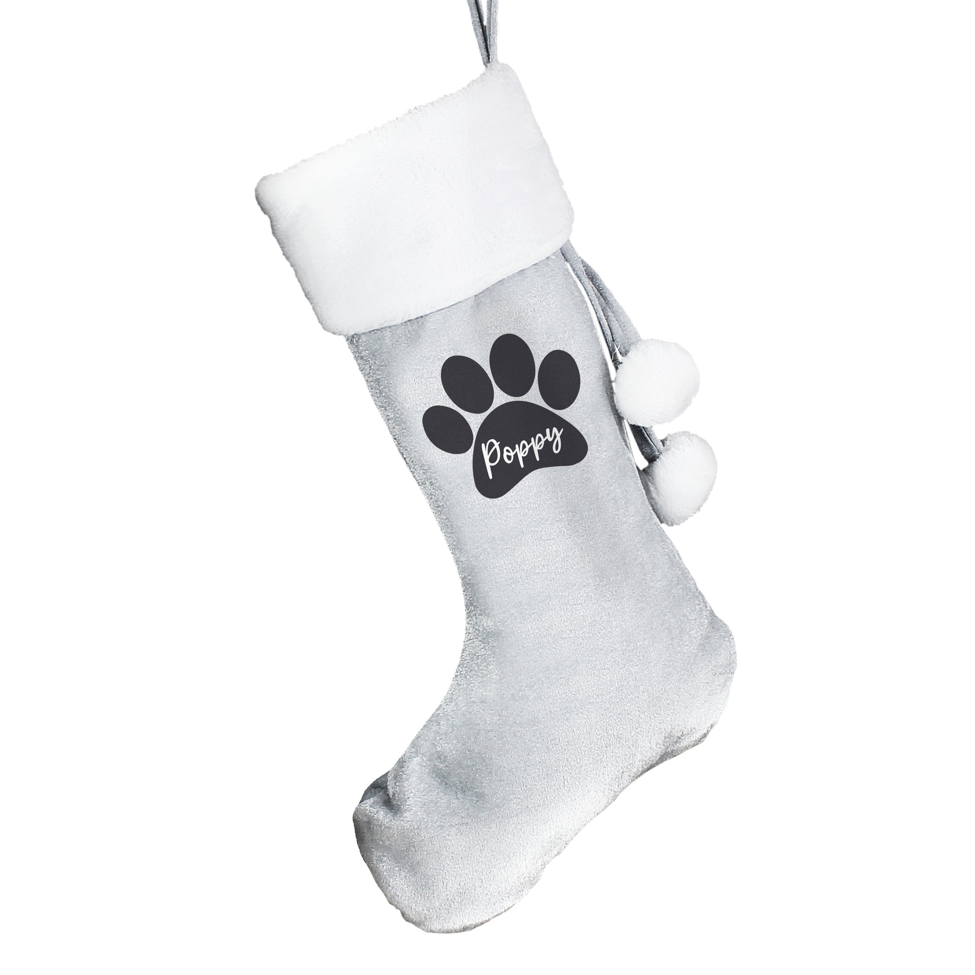 Gray pet stocking with a paw print and 'Poppy' text on a white background