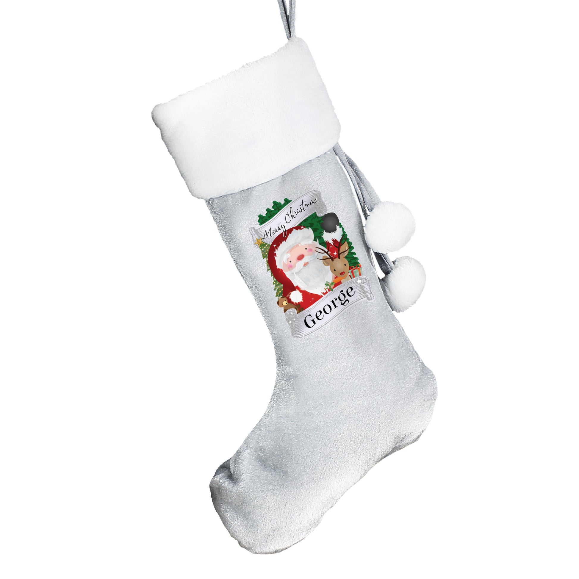 Personalised Grey Christmas stocking with Santa Claus design and 'Merry Christmas' text on a white background