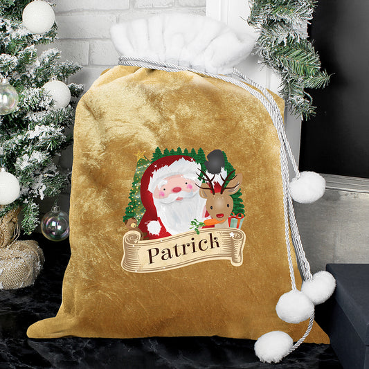 Gold Christmas sack with Santa Claus and reindeer design, personalised with 'Patrick', against a festive background.