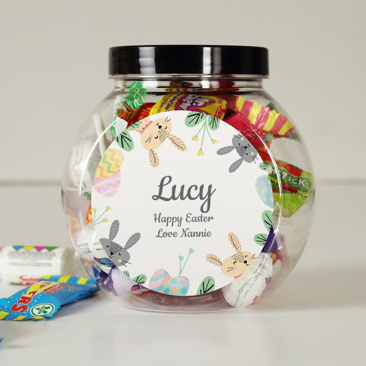 Personalised Easter candy jar with colourful candies and a label reading 'Lucy Happy Easter Love Annie'.
