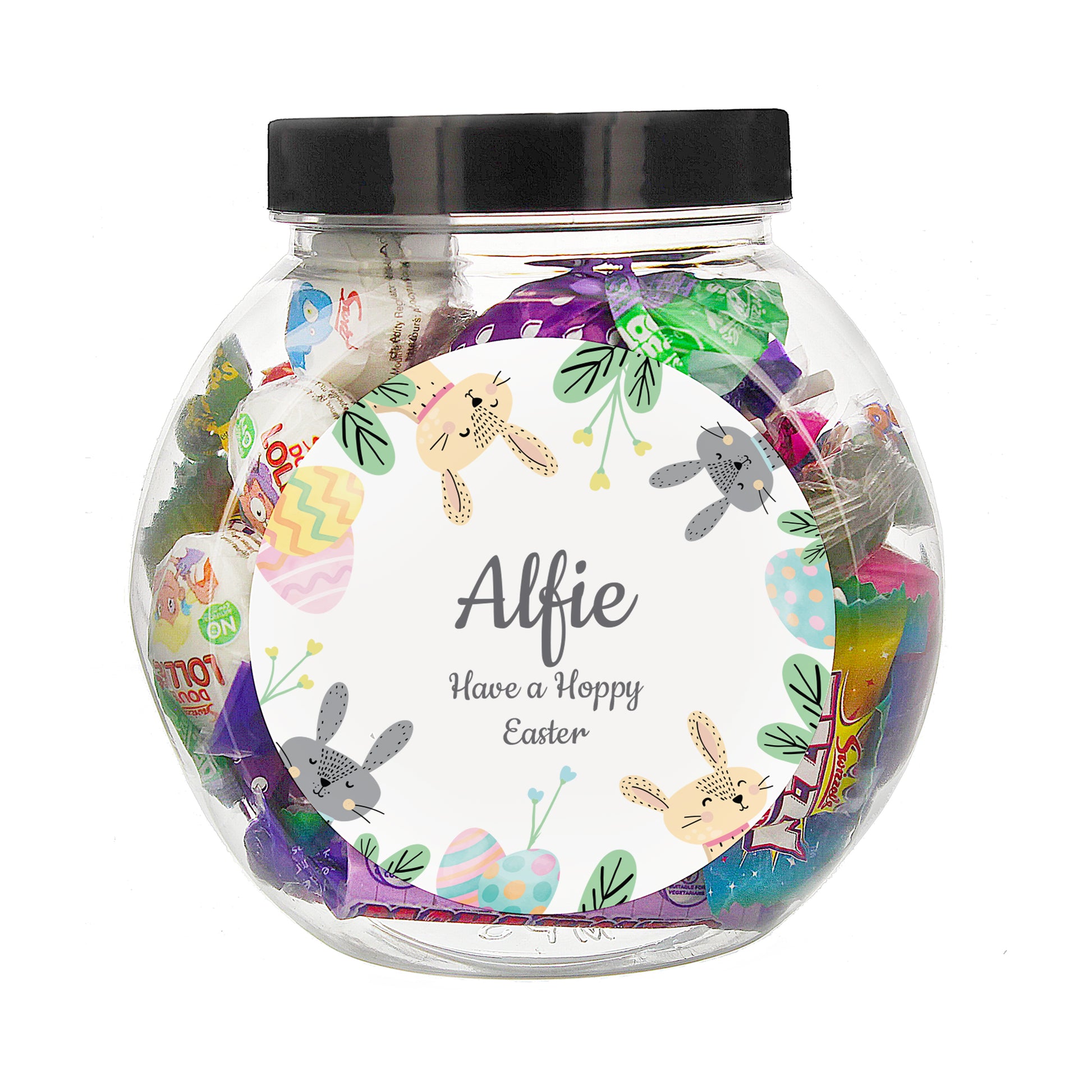 Clear jar with Easter-themed design and 'Alfie' text on a white background