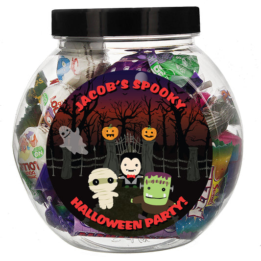 Personalised Halloween-themed candy jar with characters and text on a white background