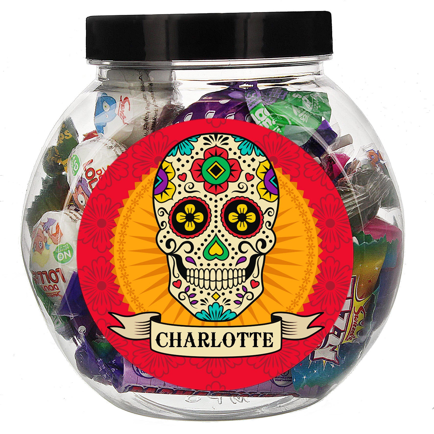 Clear jar filled with colorful candies and a decorative skull label on a white background