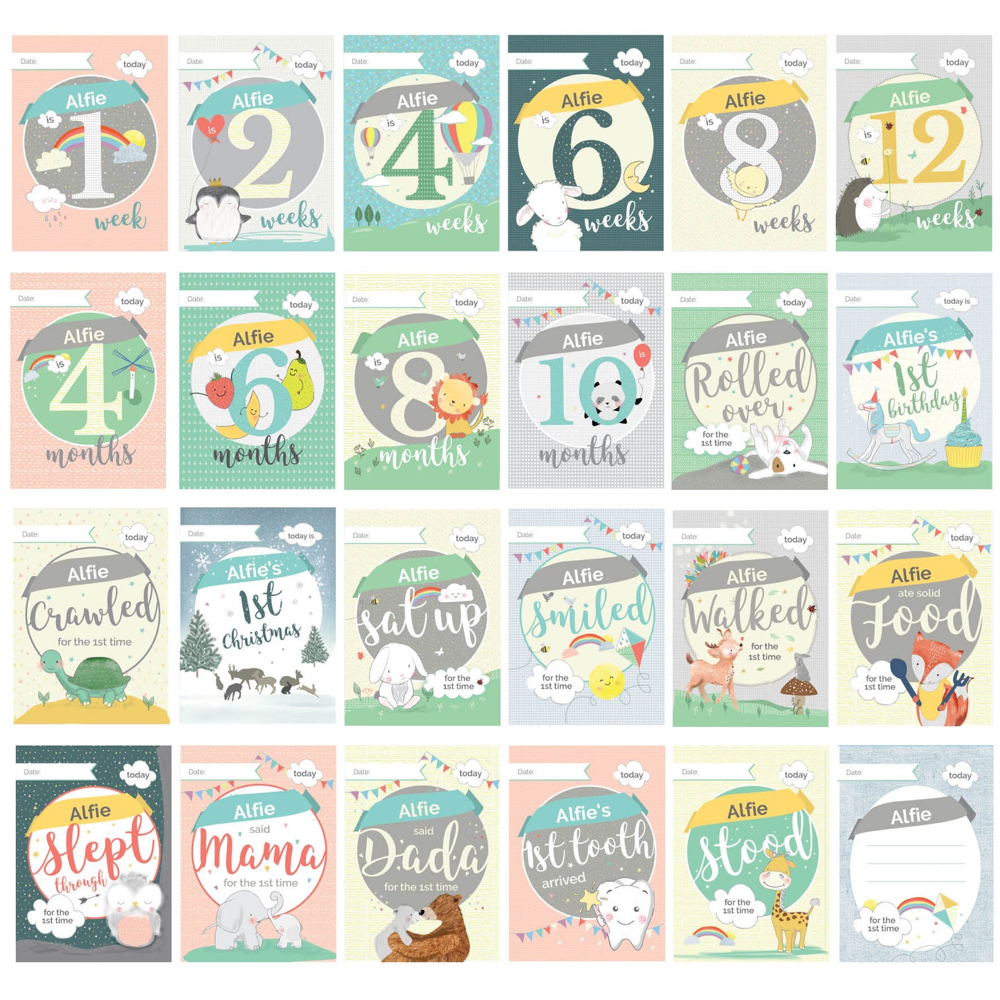 Collection of milestone cards for a baby named Alfie, showing various developmental stages.
