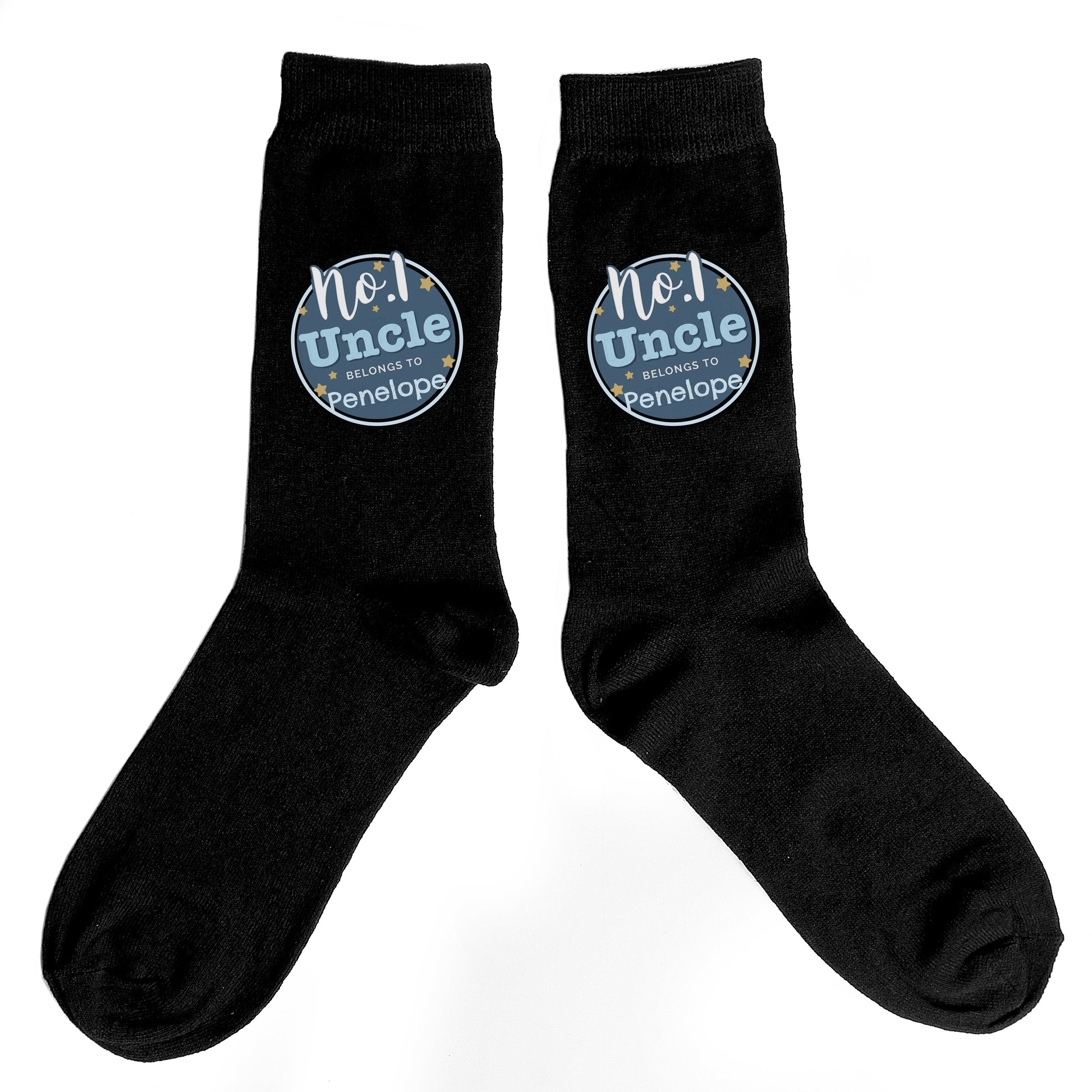 Black socks with 'No. 1 Uncle' text on a white background