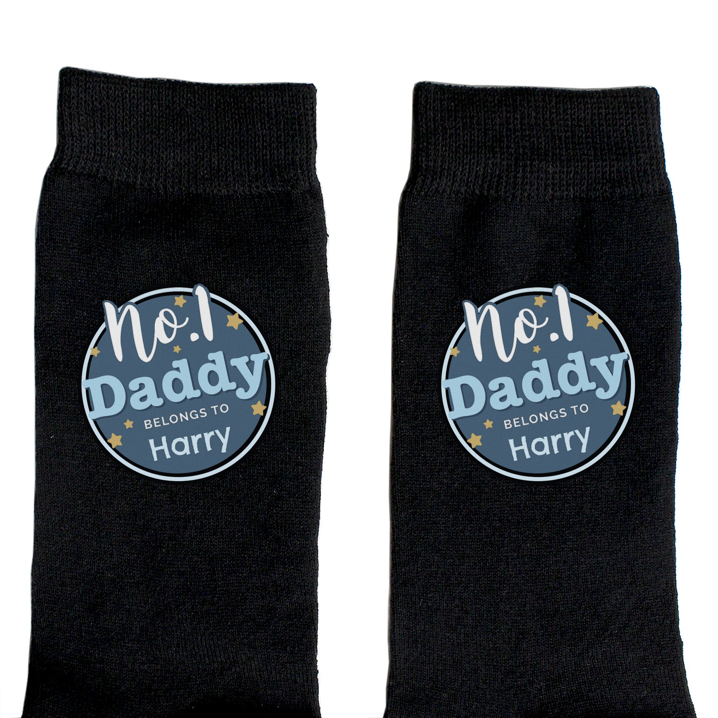 Black socks with 'No.1 Daddy Belongs to Harry' text on a white background