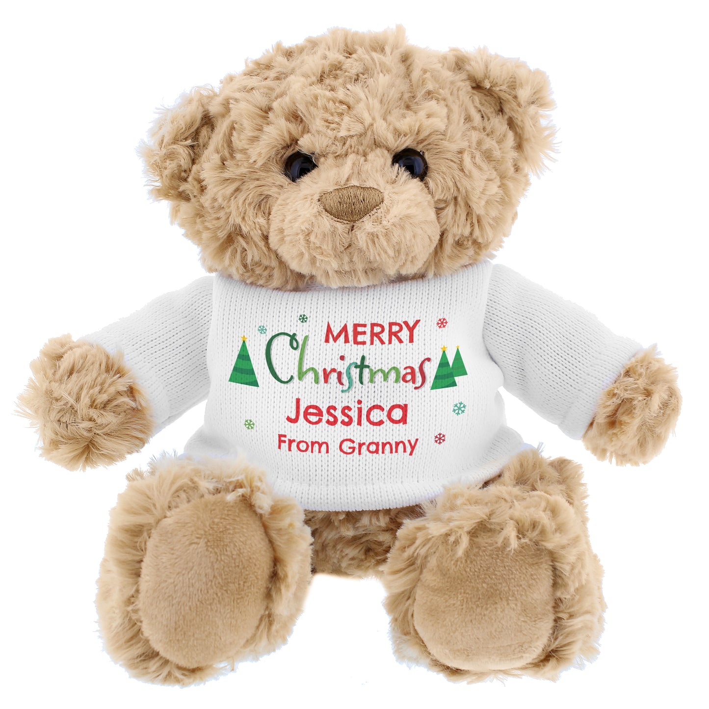 Teddy bear wearing a Christmas-themed shirt with personalised text on a white background