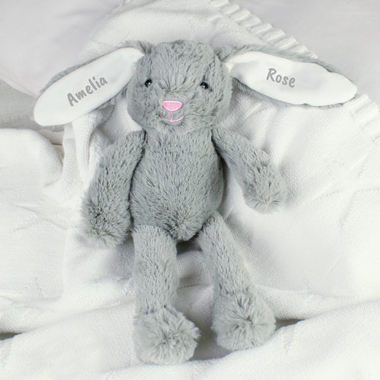 Personalised Grey plush bunny with name tags on a white blanket