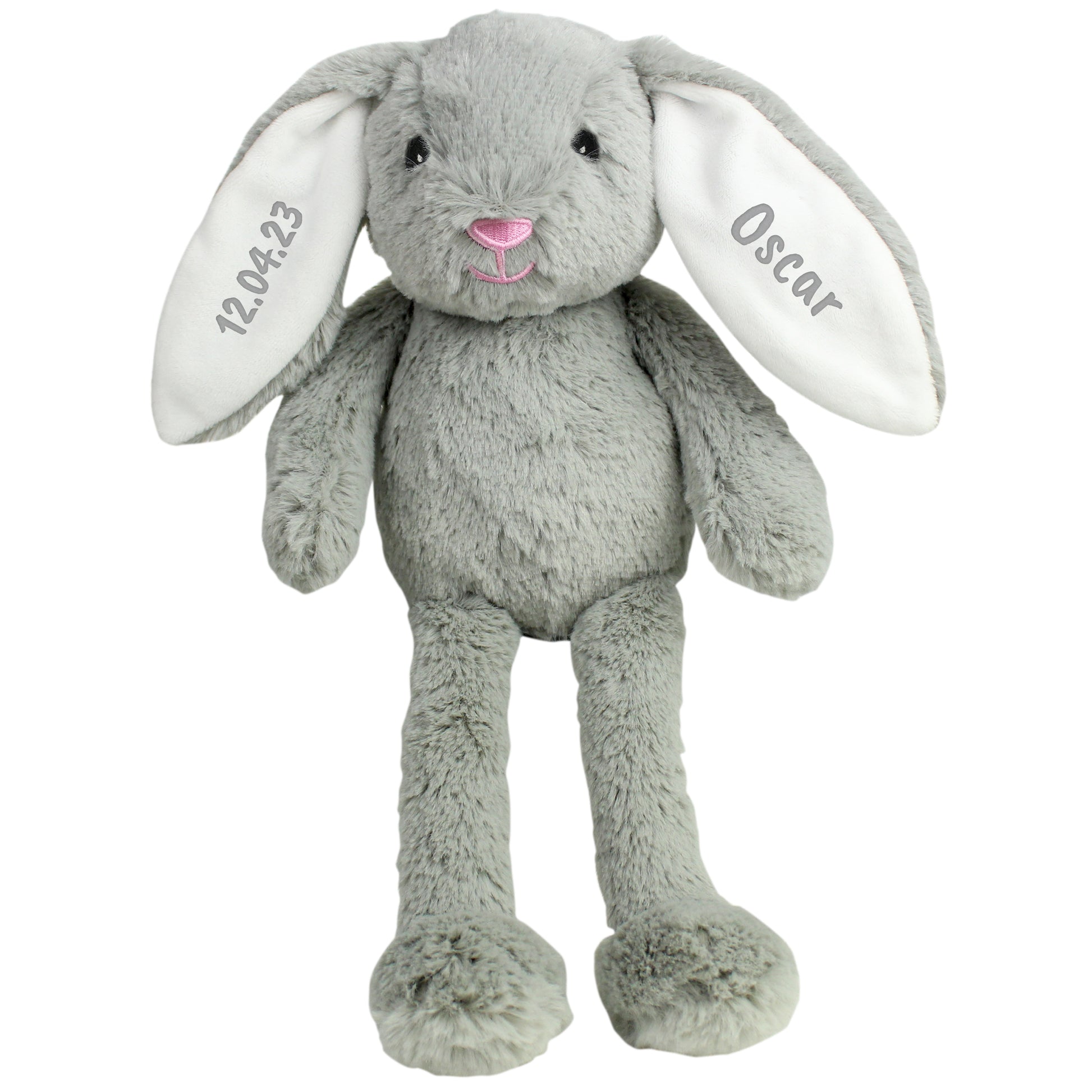 Grey plush bunny toy with white ears and pink nose on a white background