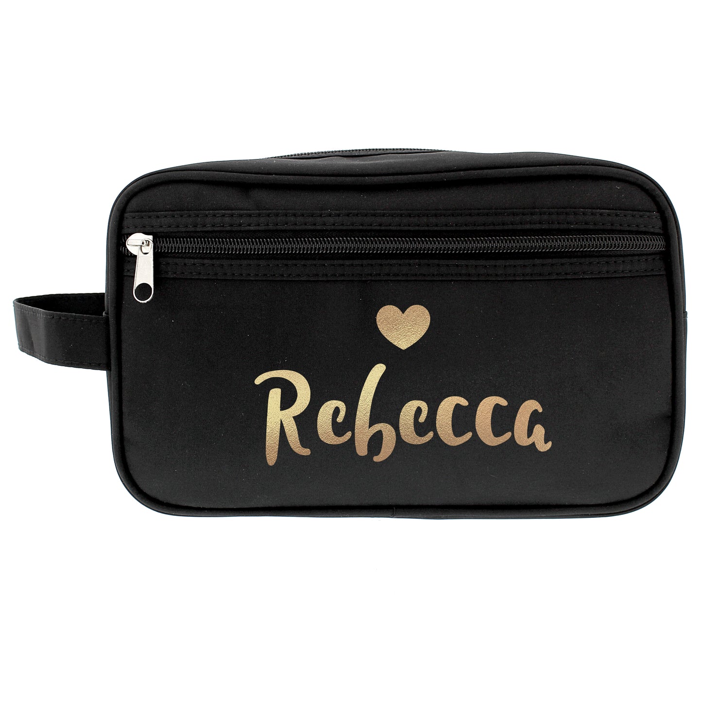Black toiletry bag with 'Rebecca' and a heart printed on it.
