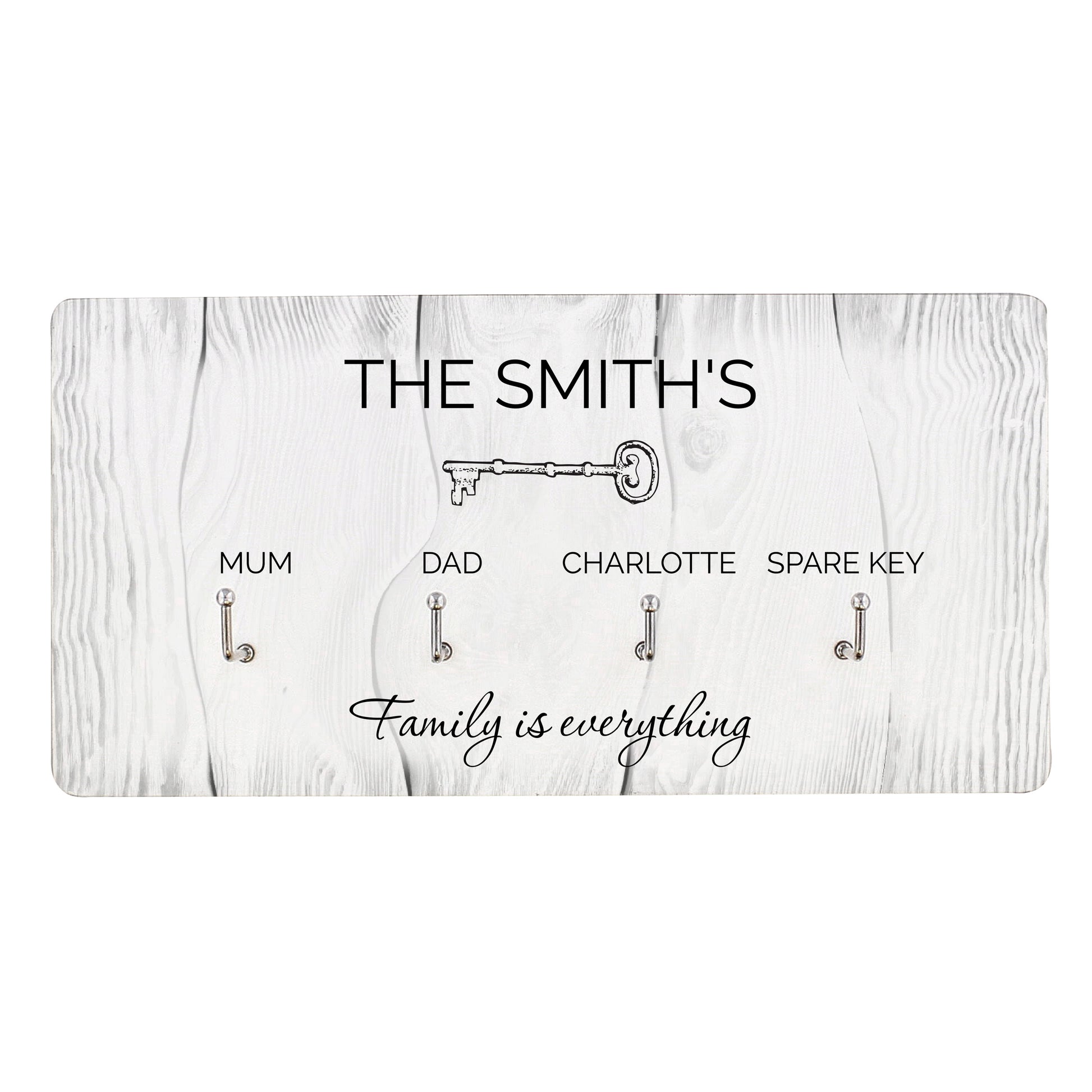 Key holder with family members' names and a quote on a wooden texture background
