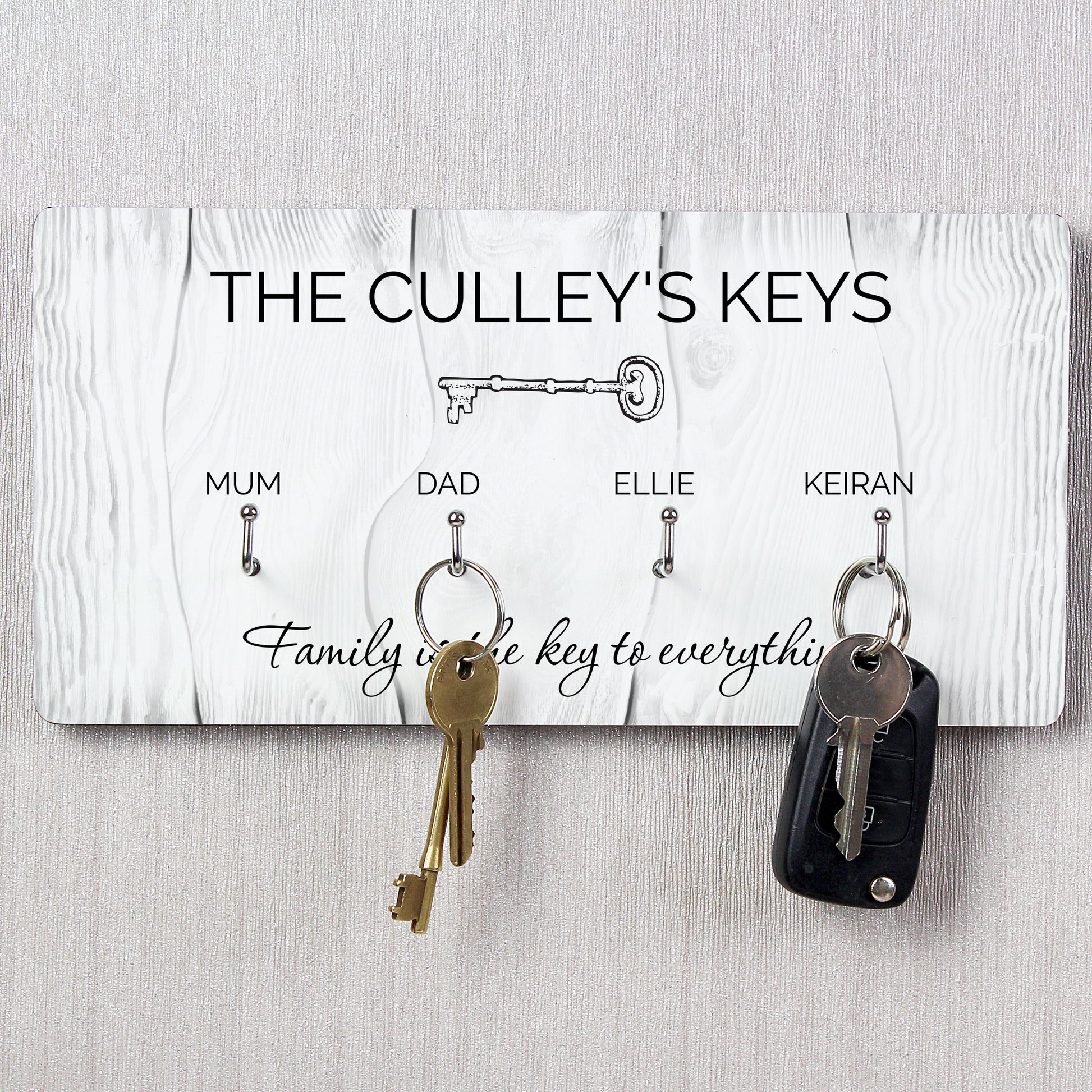 Key holder with keys attached, personalised with family names on a light gray background