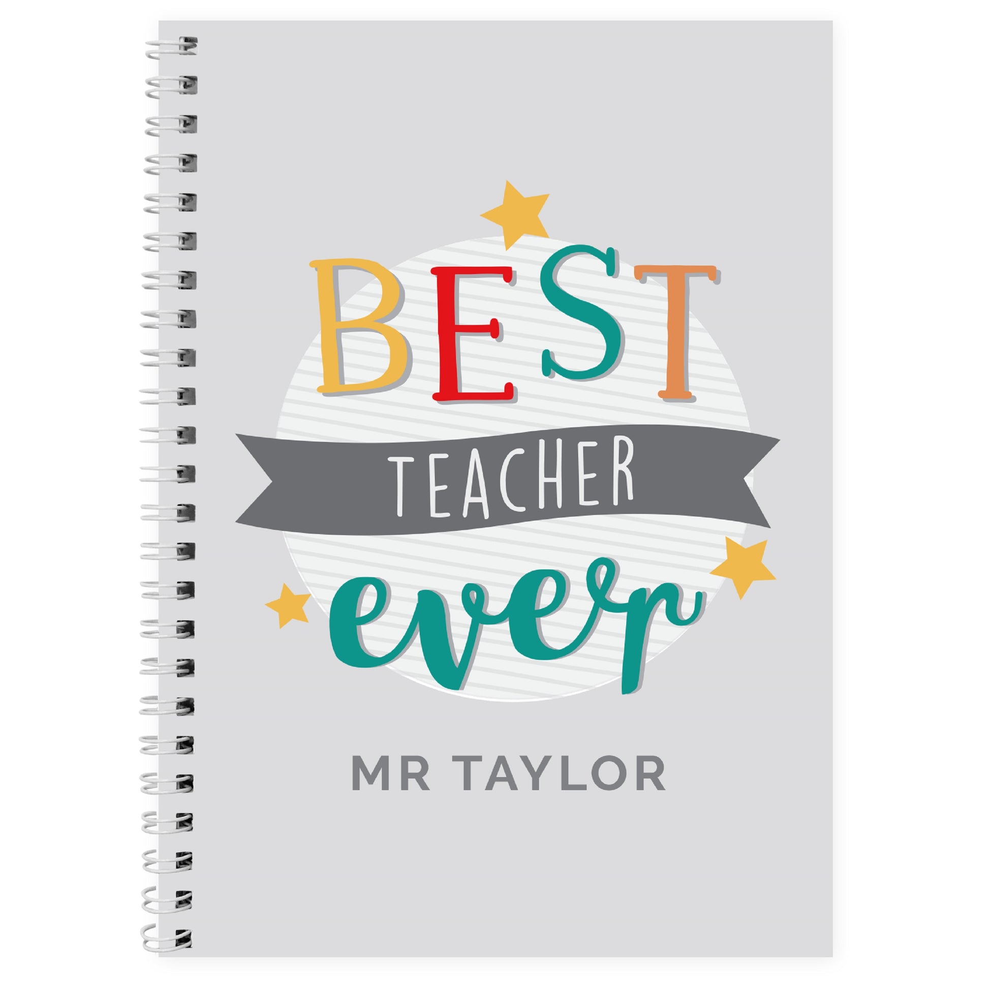 Notebook with 'Best Teacher Ever' text and personalised name on a white background