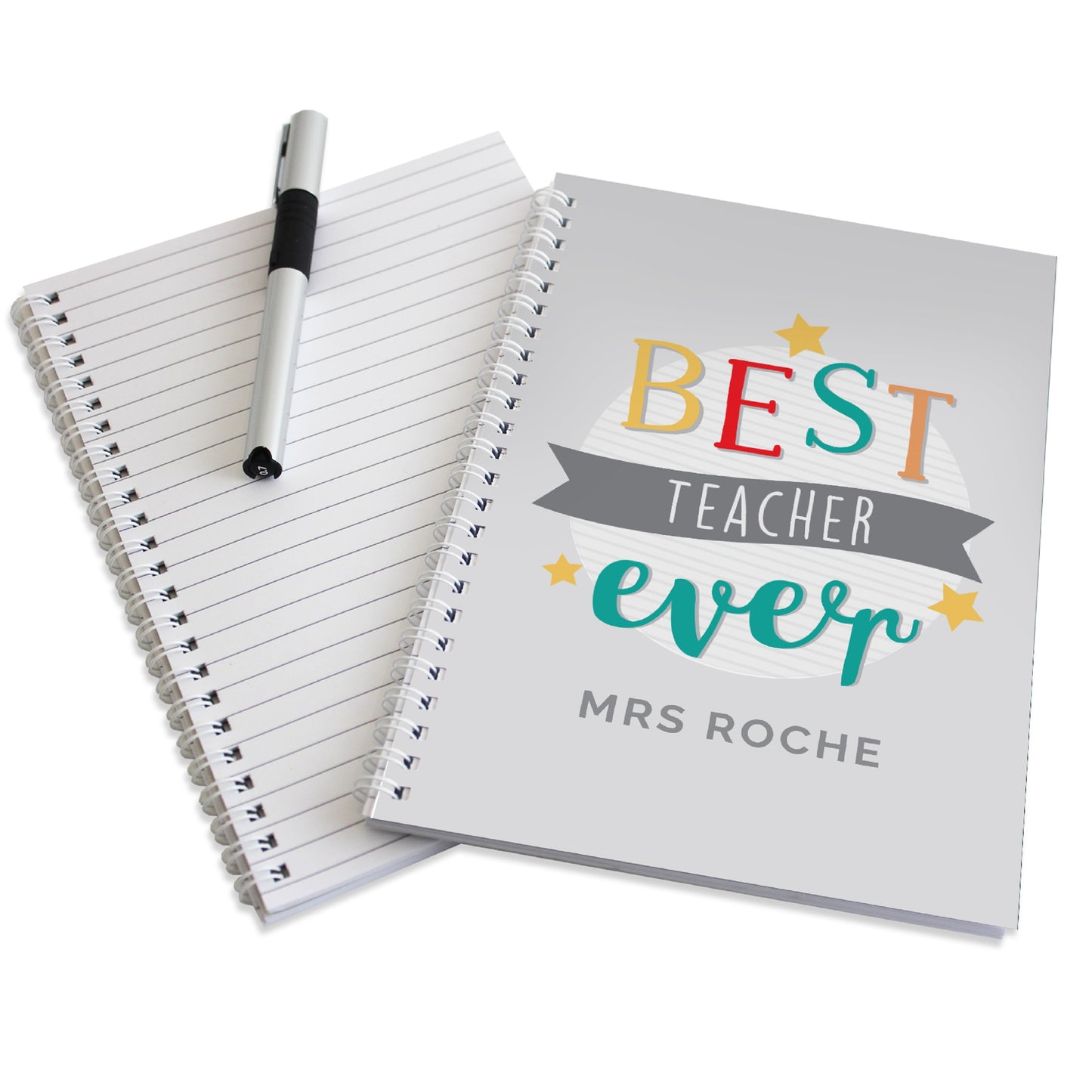 Notebook with 'Best Teacher Ever' text and pen on a white background