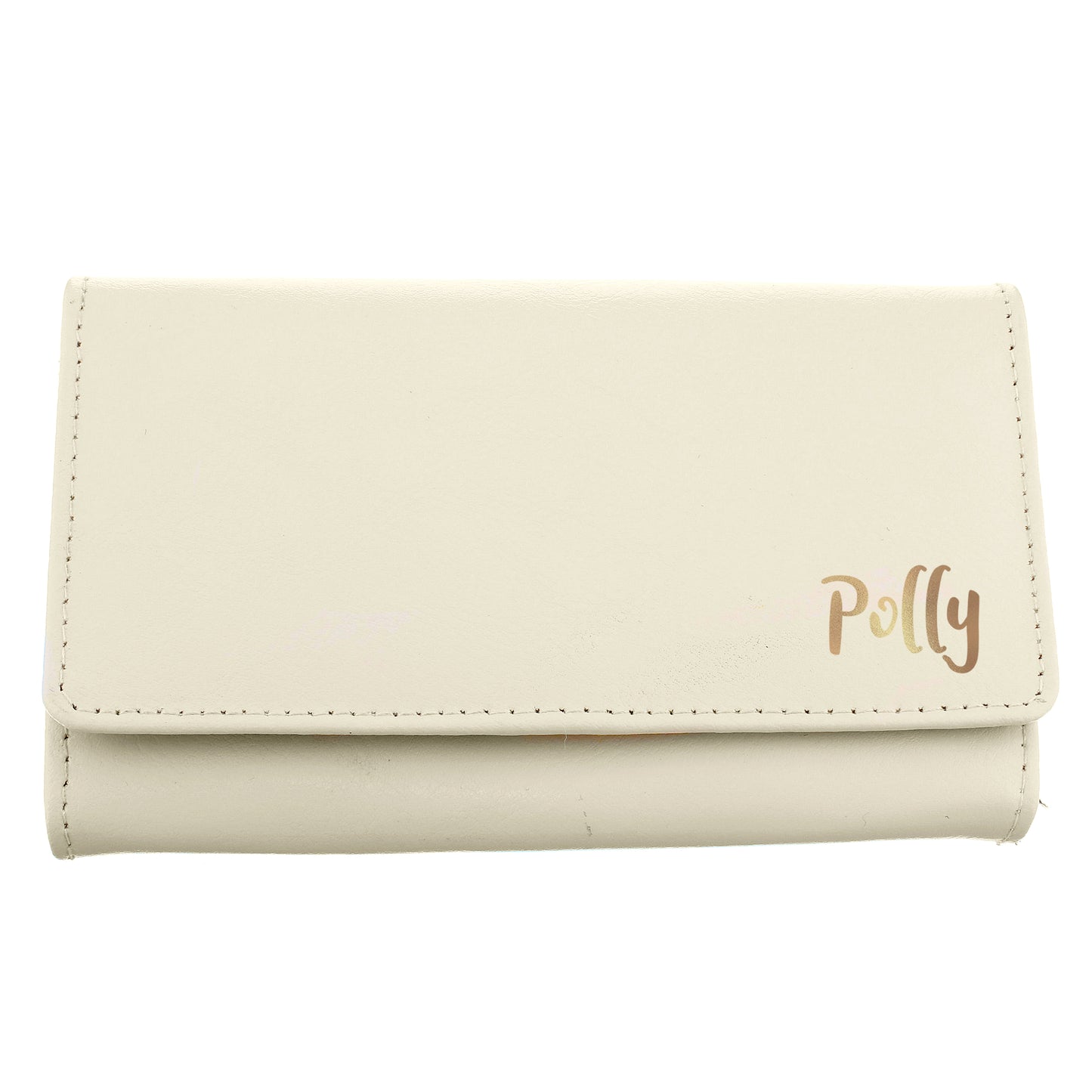 Personalised Beige wallet with 'Polly' branding on a white background
