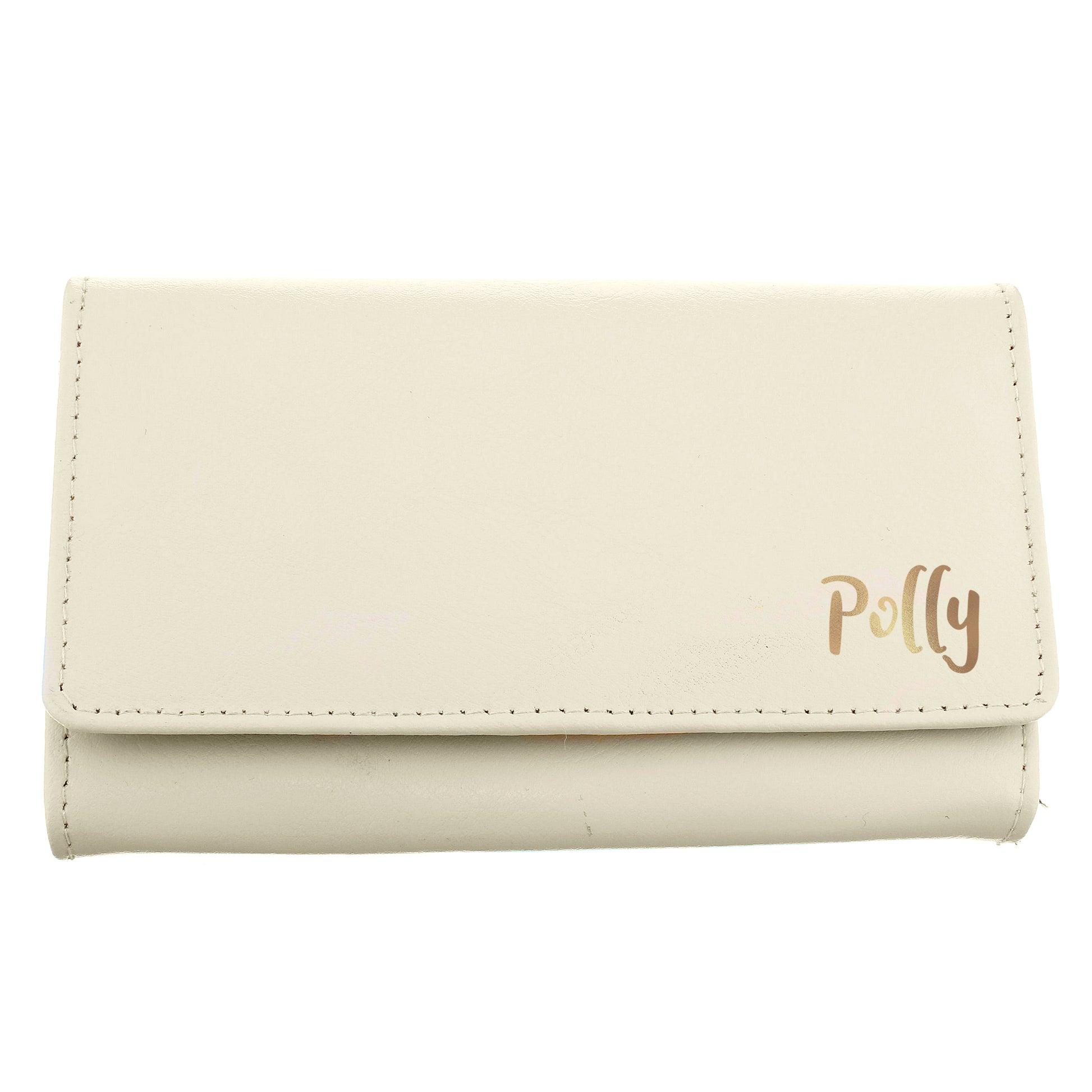 Personalised Beige wallet with 'Polly' branding on a white background