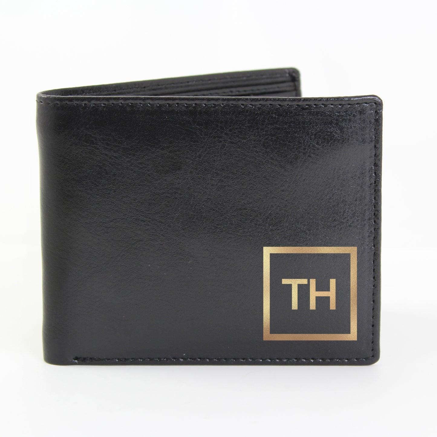 Personalised Black leather wallet with gold 'TH' logo on a white background