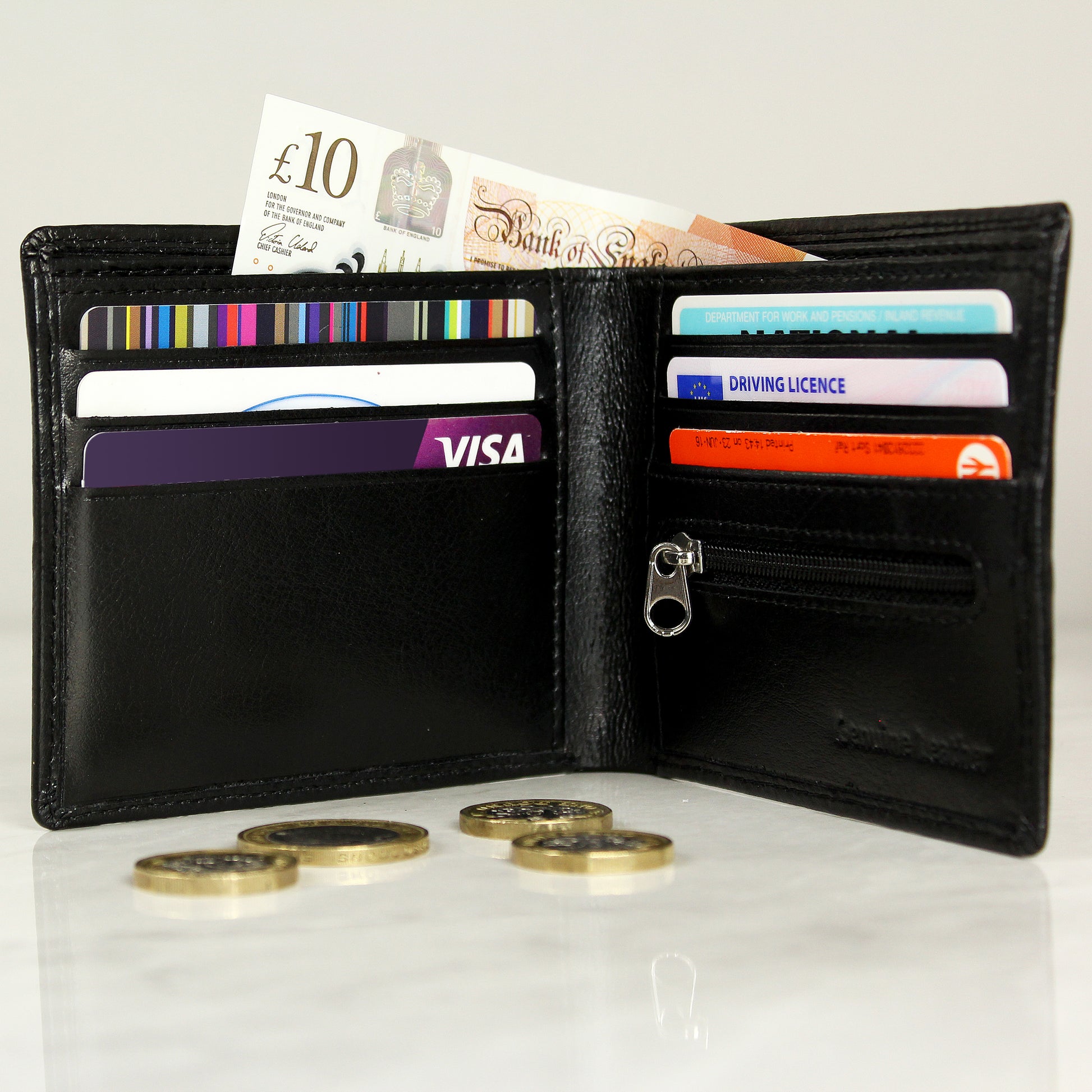 Inside a Black Personalised Wallet. Showing the storage space for cards and money.