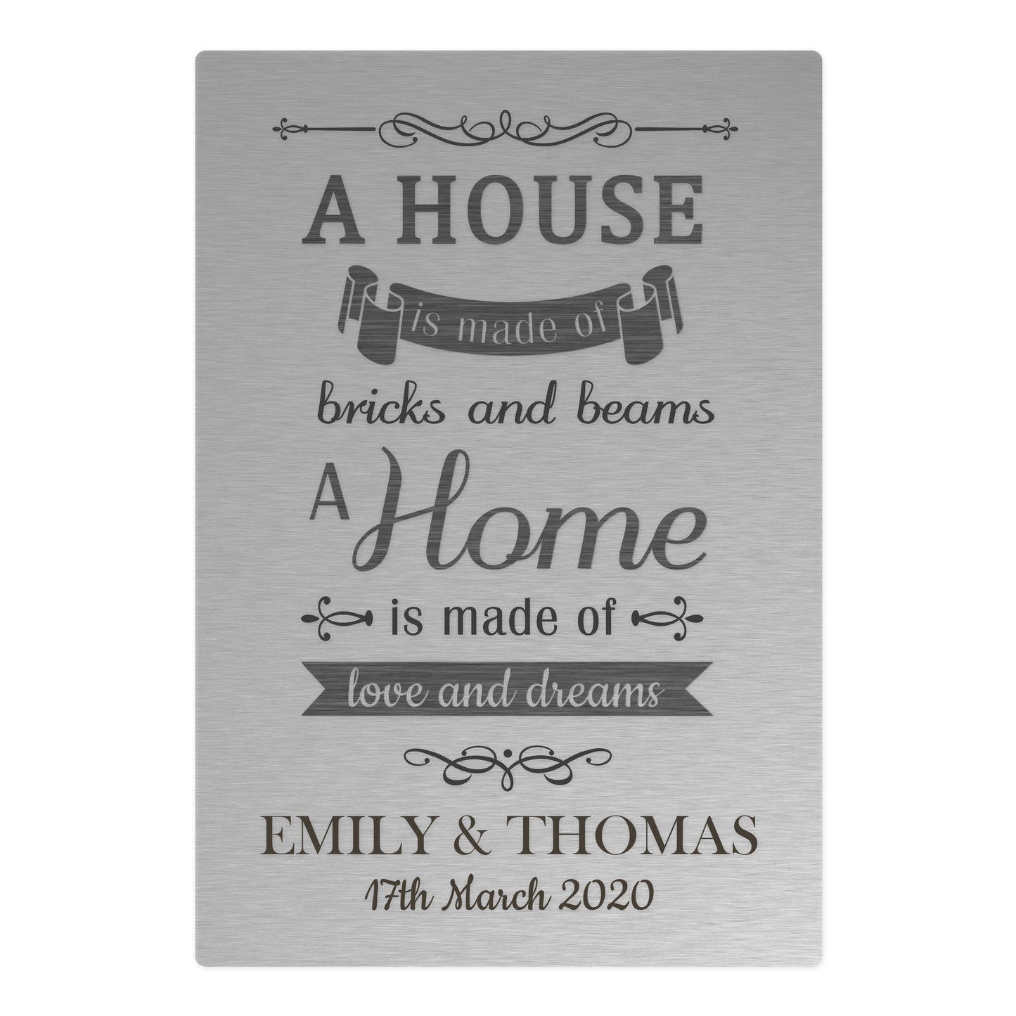 Decorative plaque with a quote about homes and personalised names on a grey background