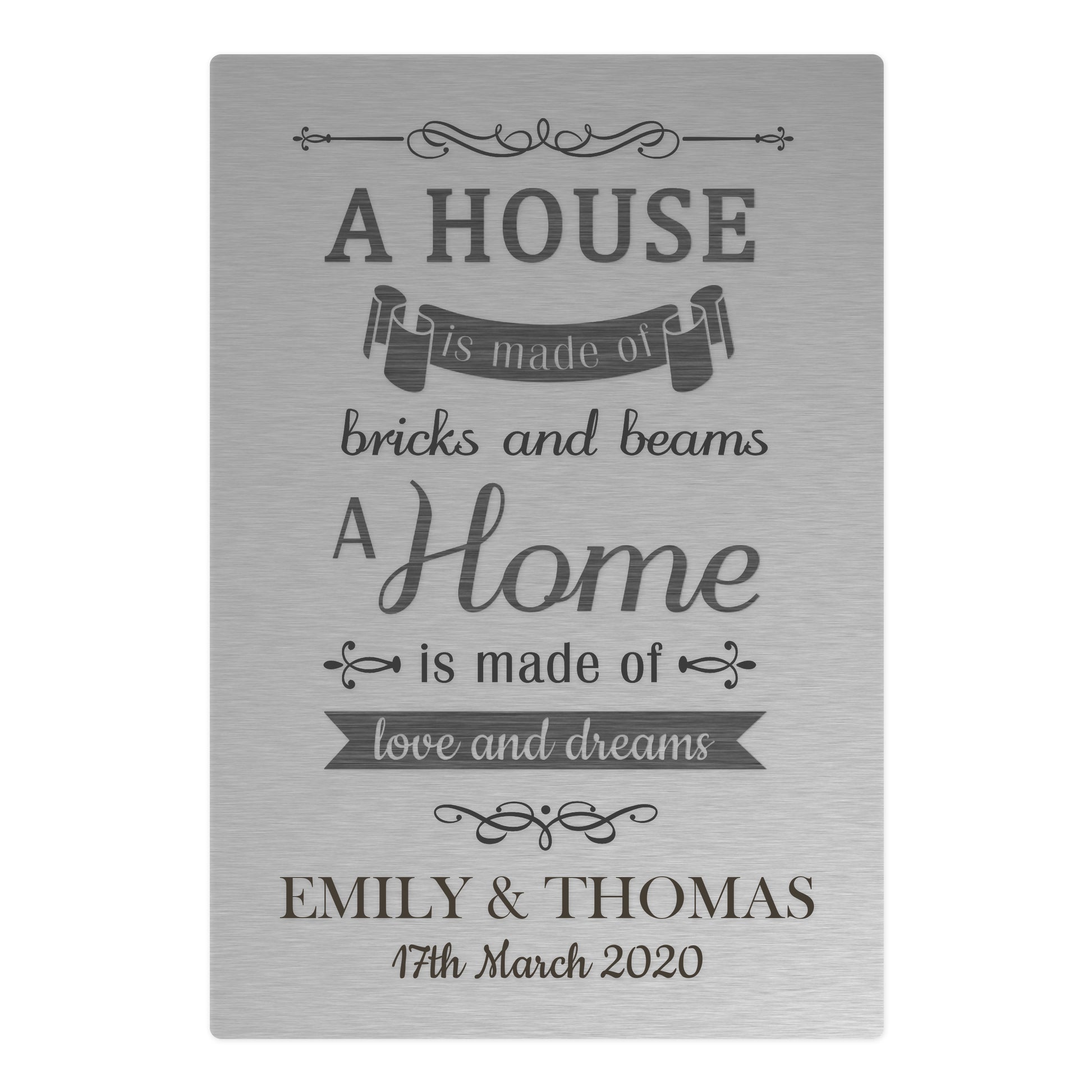 Decorative plaque with a quote about homes and personalised names on a grey background
