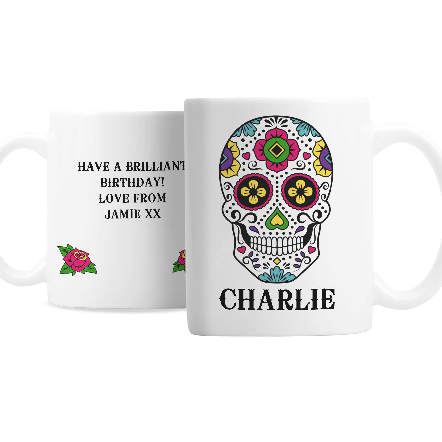 White mug with colourful skull design and personalised text on a white background