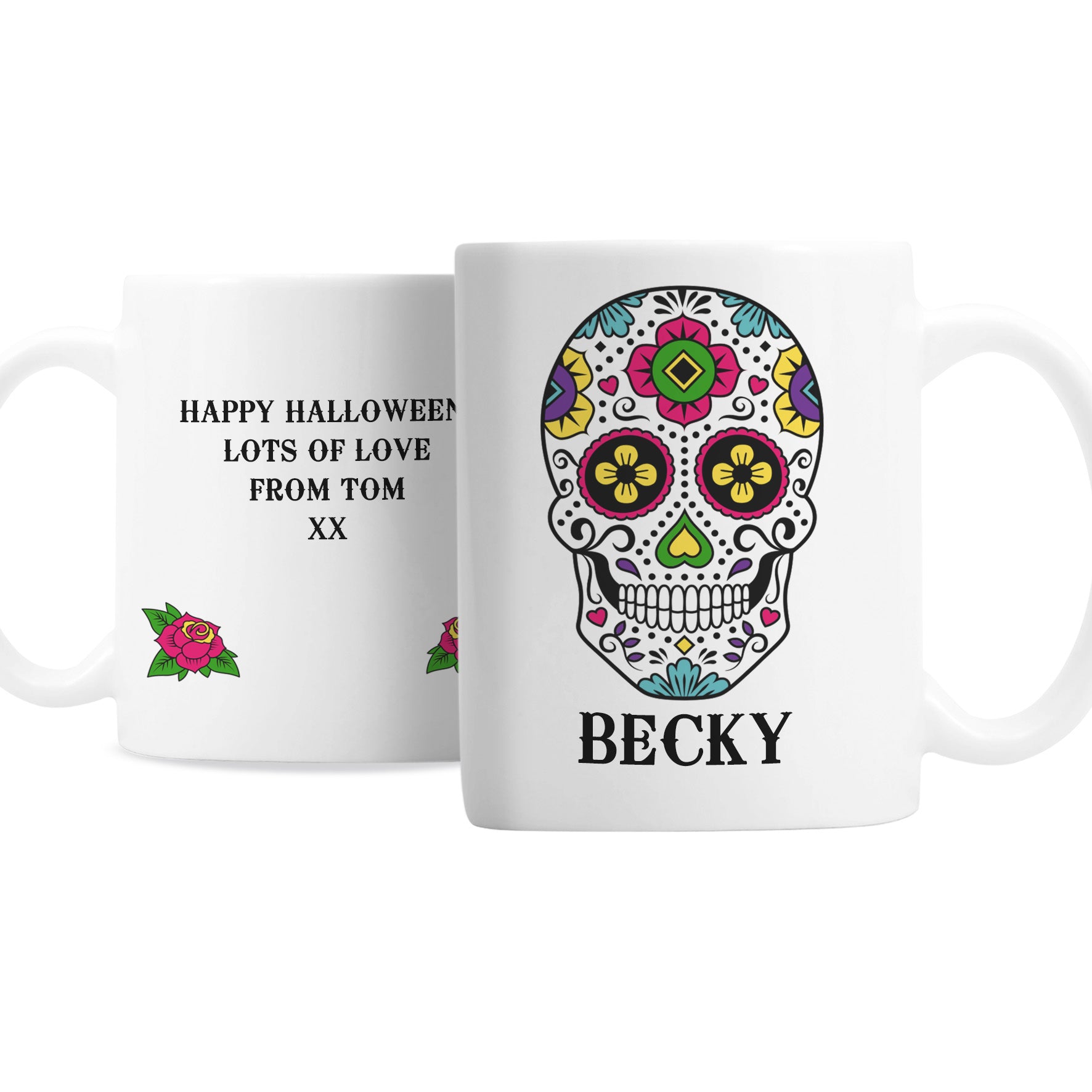 White mug with colorful skull design and text on a white background