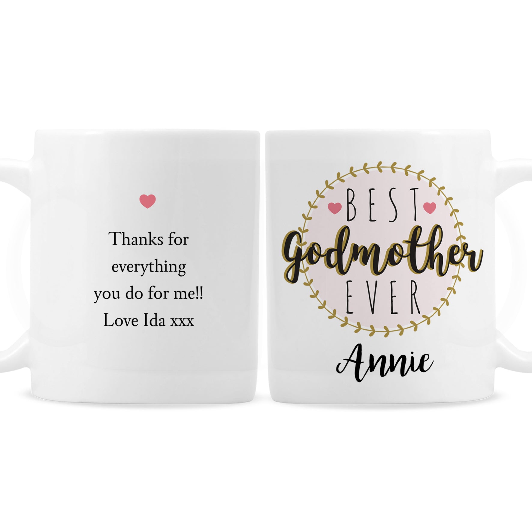 Two white mugs with personalised text on a white background