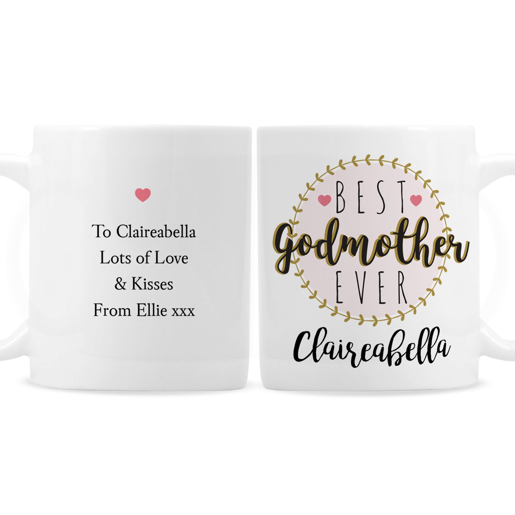 Two white mugs with personalised text on a white background