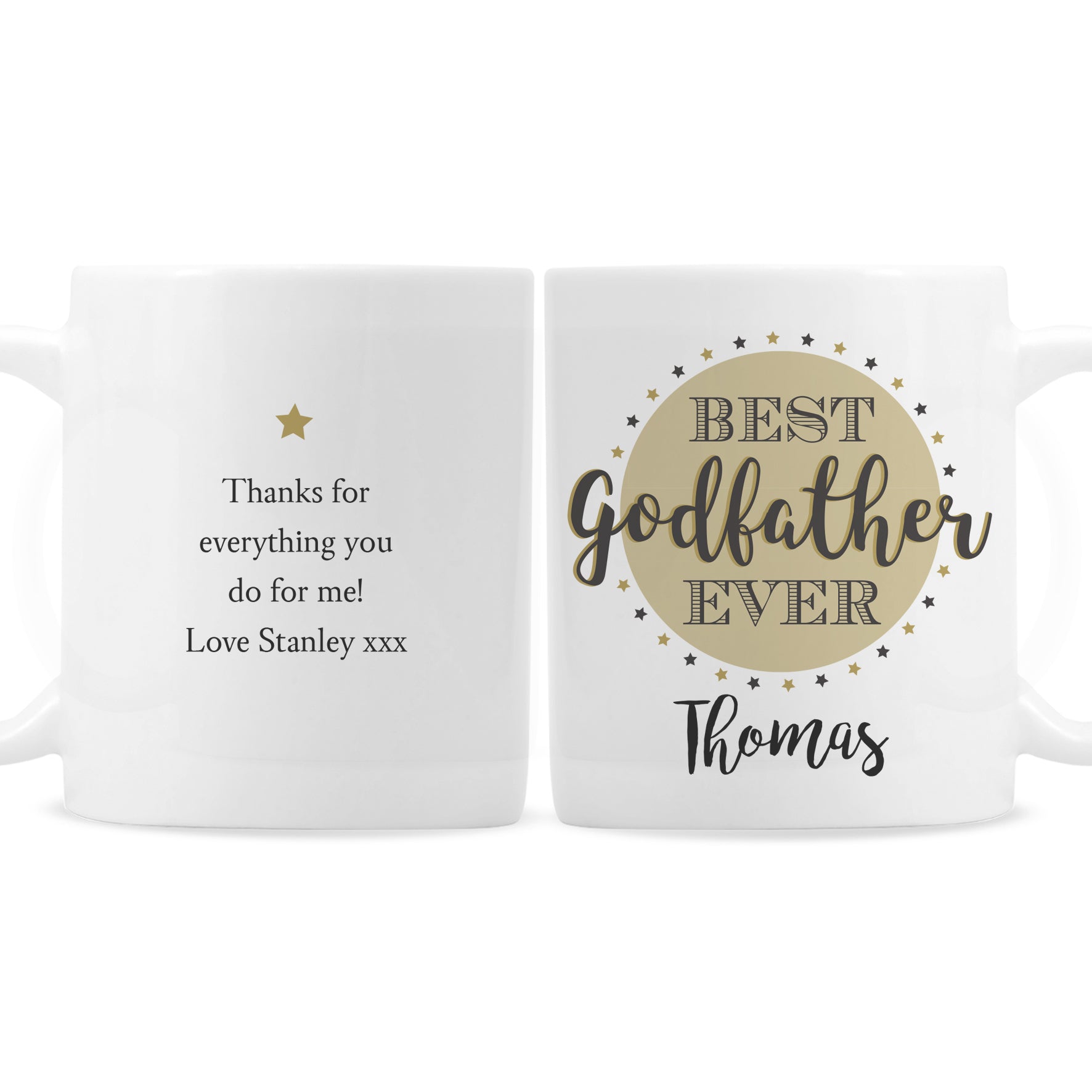 Two white mugs with personalised text on a white background