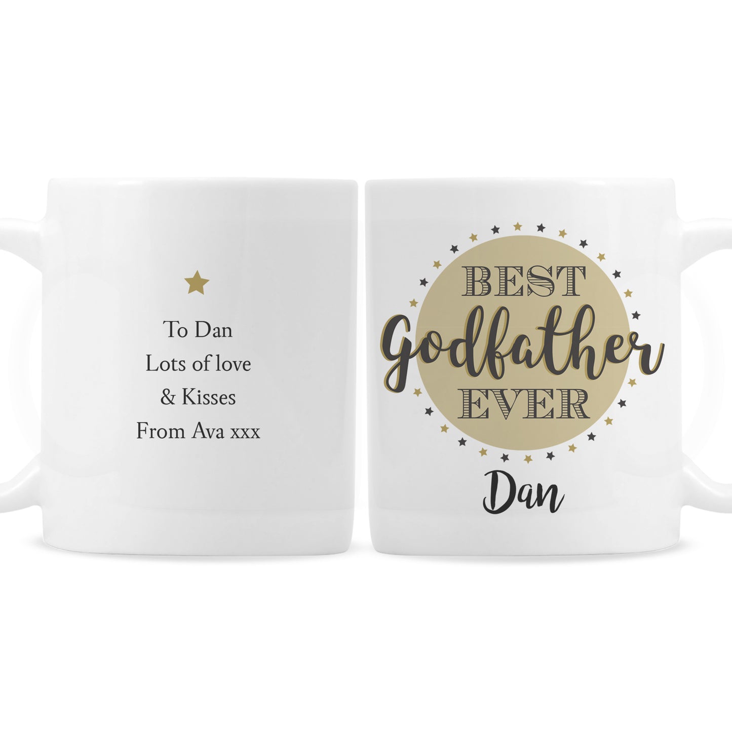Two white mugs with personalised text on a white background