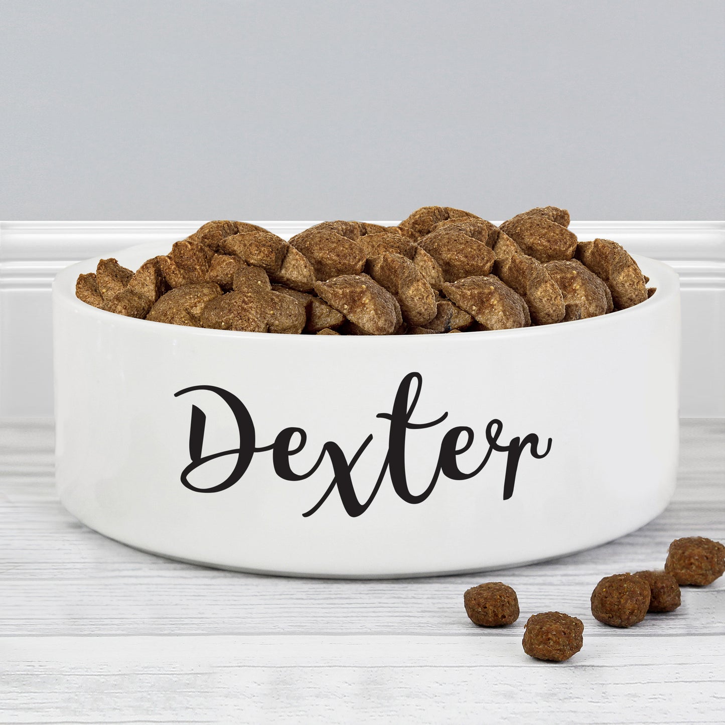 White pet bowl labeled 'Dexter' with dog food on a gray background