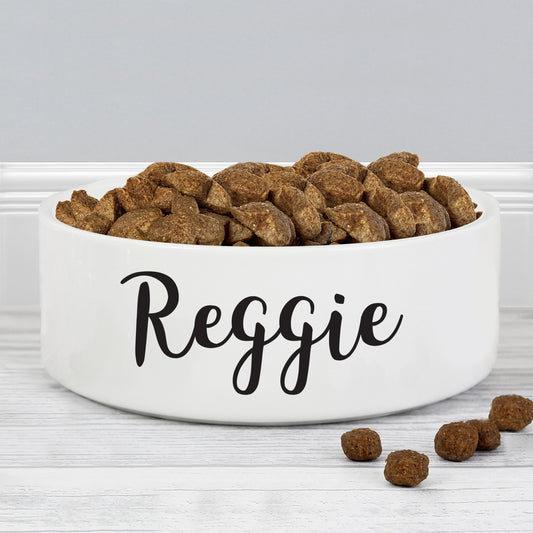 Personalised White pet bowl labeled 'Reggie' with dry dog food on a light gray background