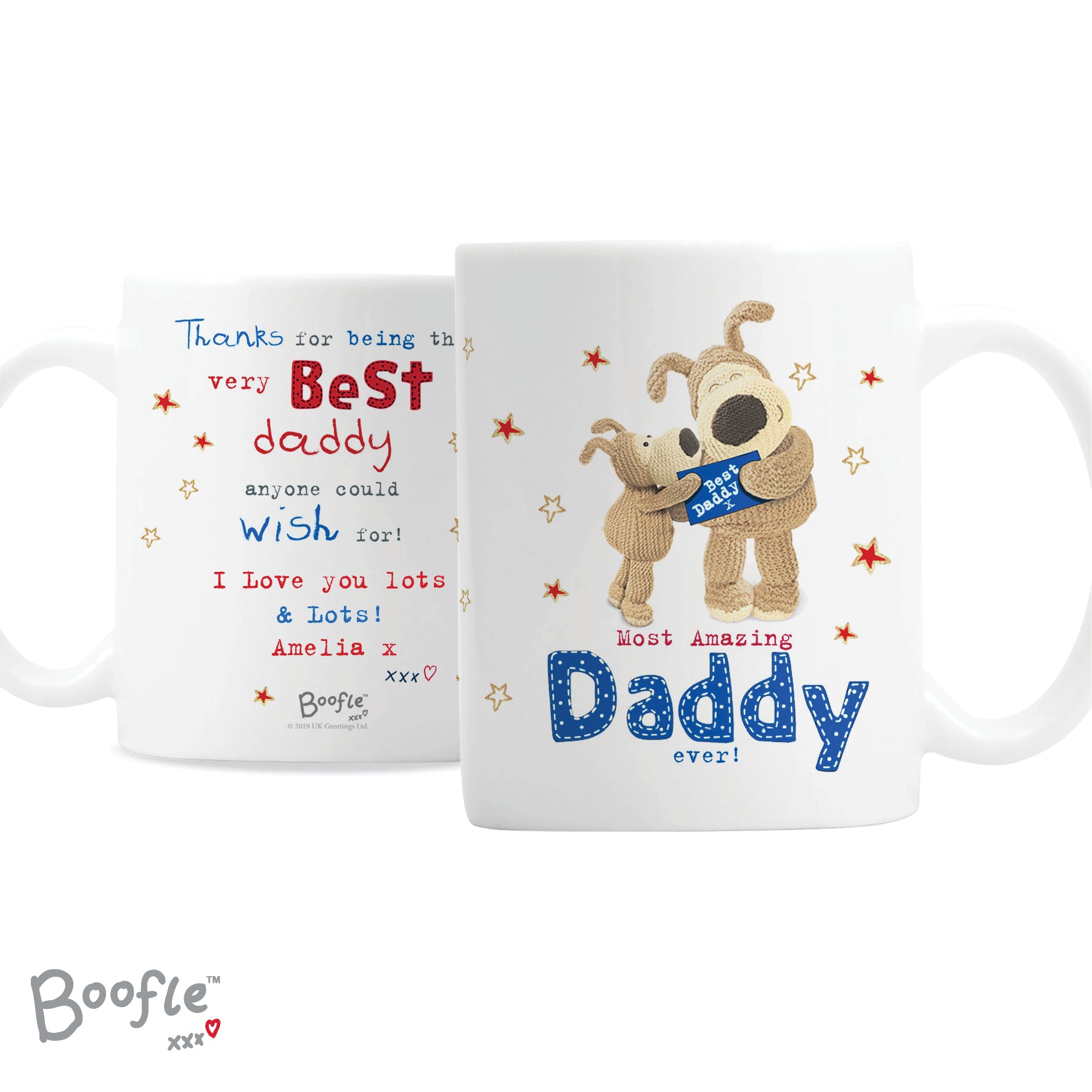 Two mugs with Boofle character and personalized text on a white background