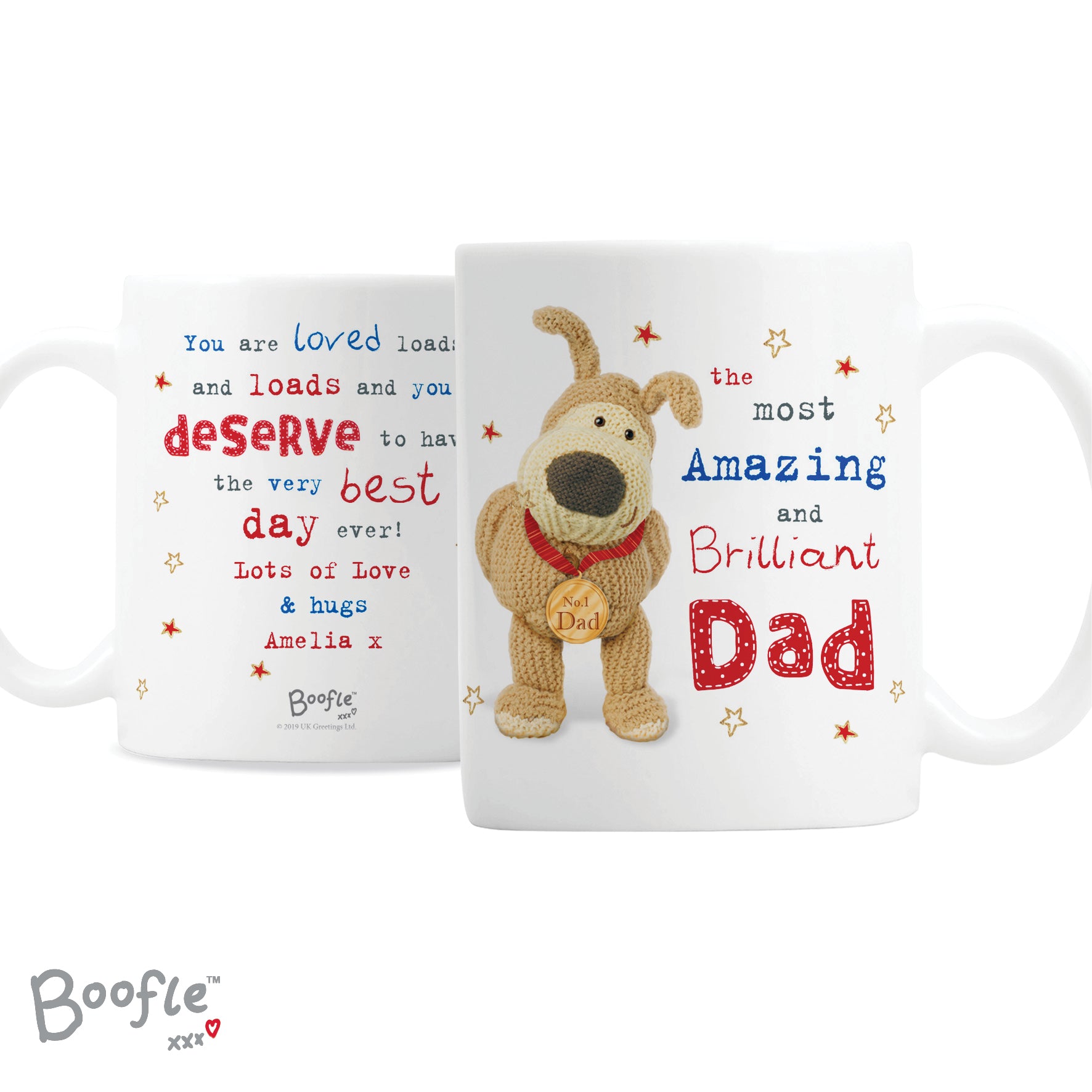 Two mugs with Boofle character and personalized text on a white background