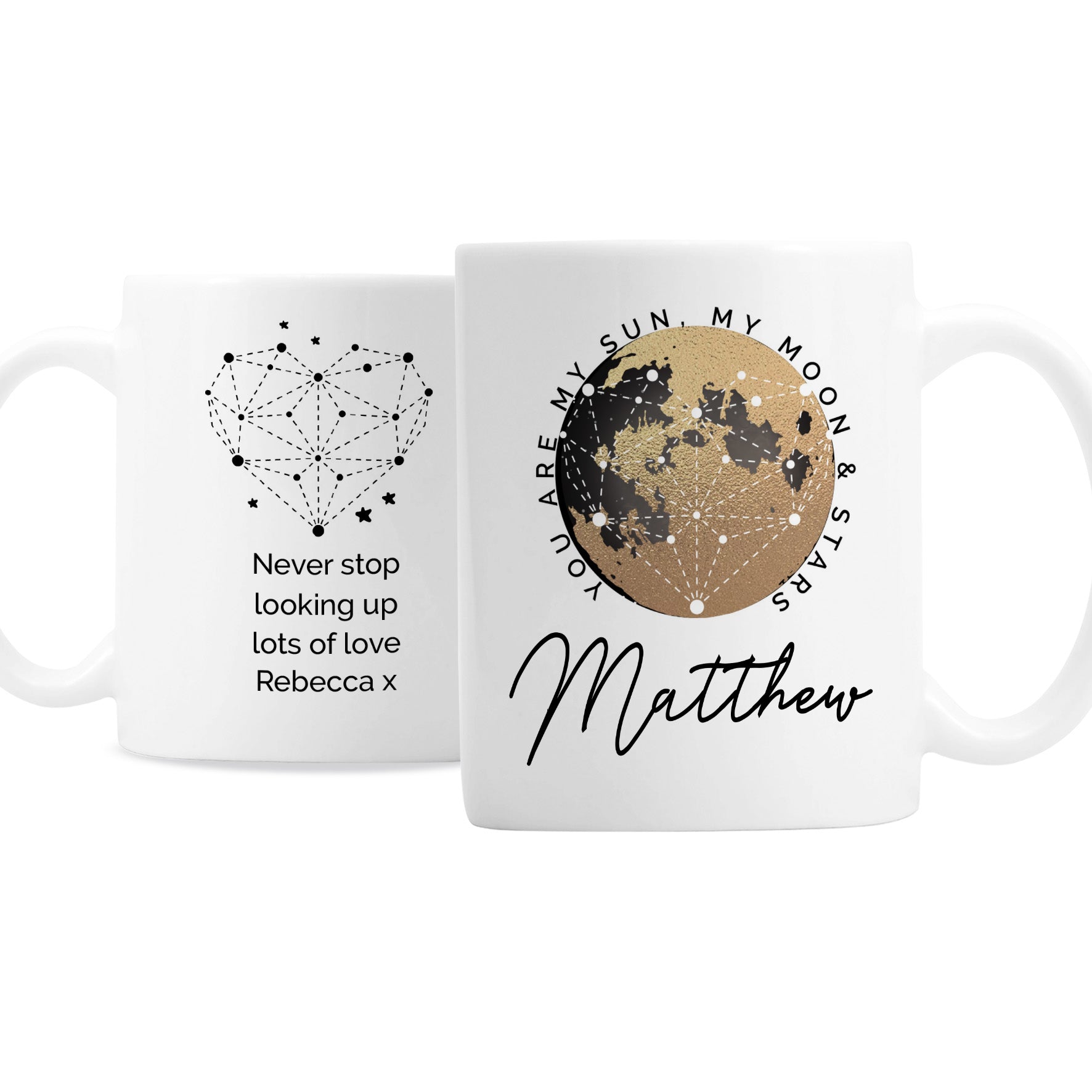 Two white mugs with star-themed designs and personalised text on a white background