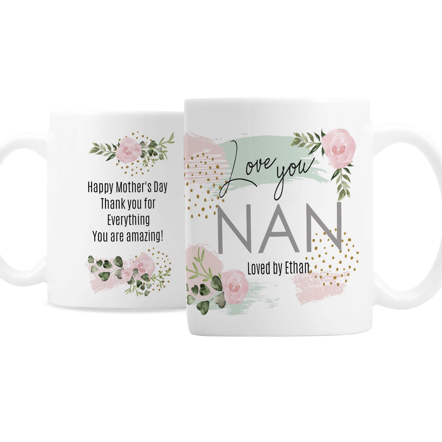 Two white mugs with floral designs and personalised text on a white background
