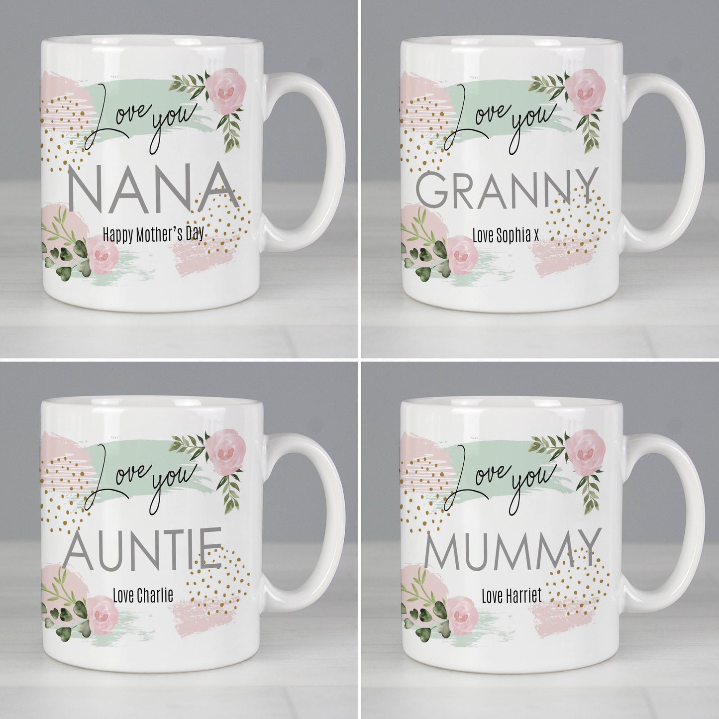 Four white mugs with floral designs and personalised text on a light grey background