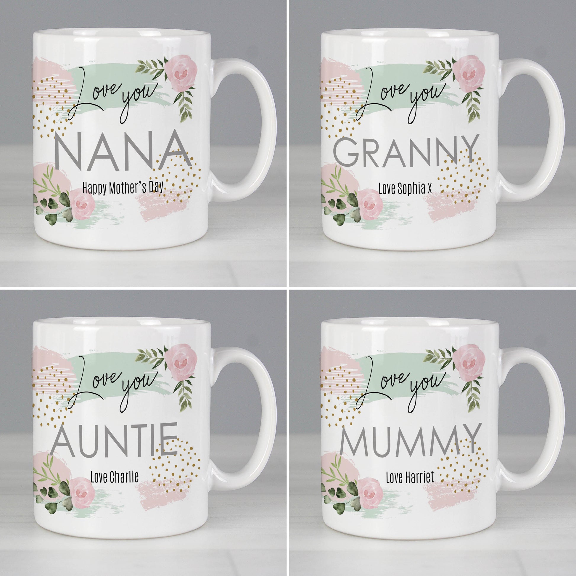 Four white mugs with floral designs and personalised text on a light grey background
