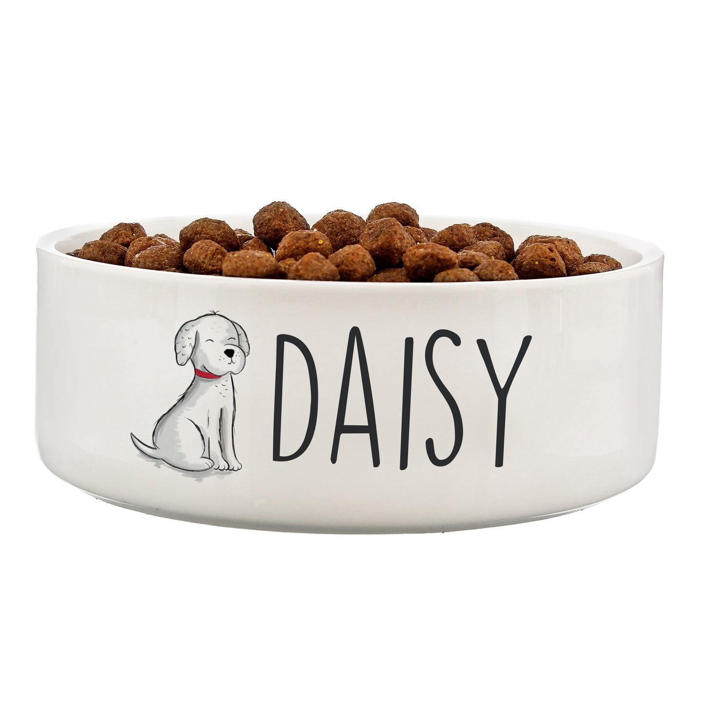 Personalised Dog food bowl with 'Daisy' and a dog illustration on a white background